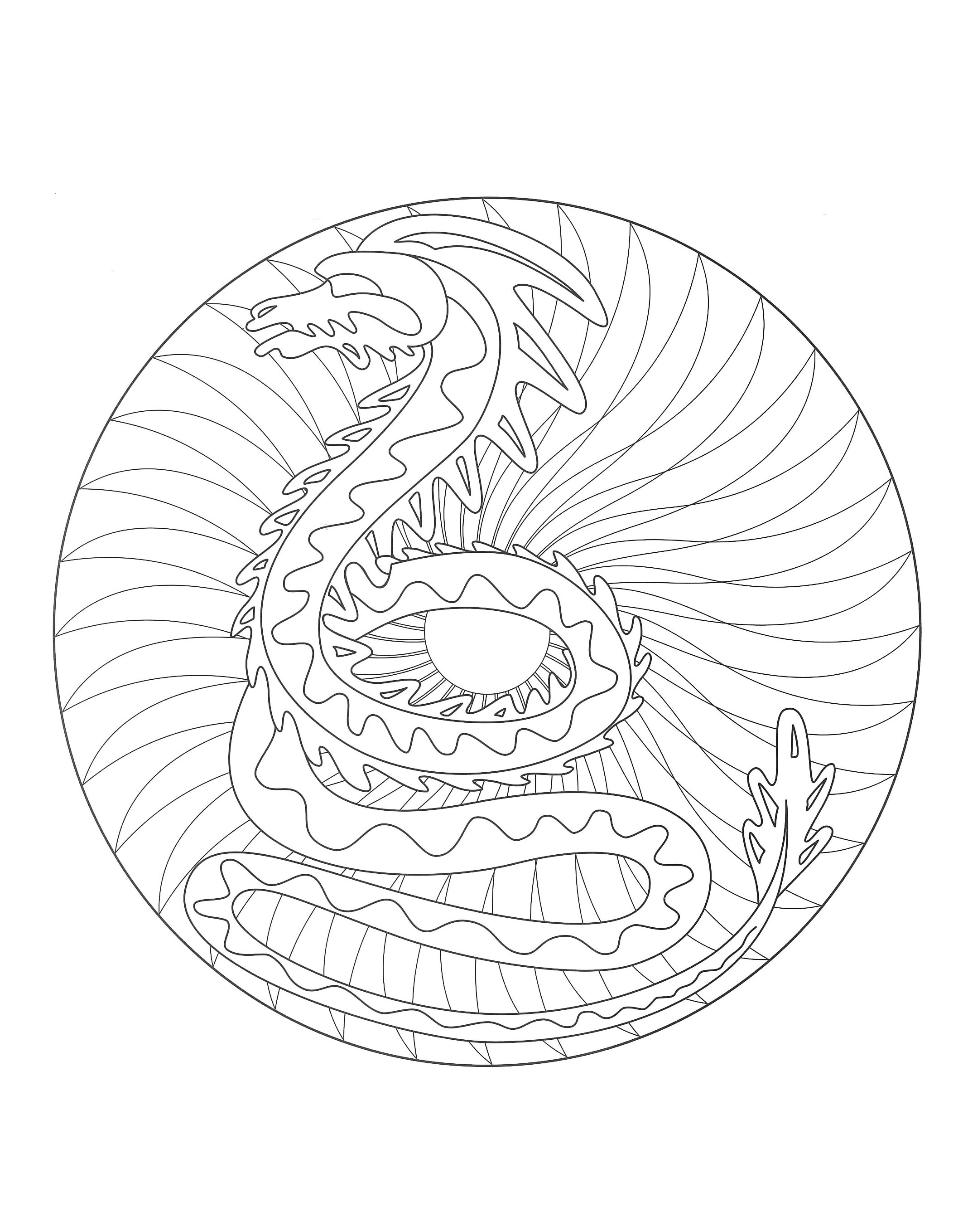 Coloriage gratuit d'un Dragon au sein d'un Mandala