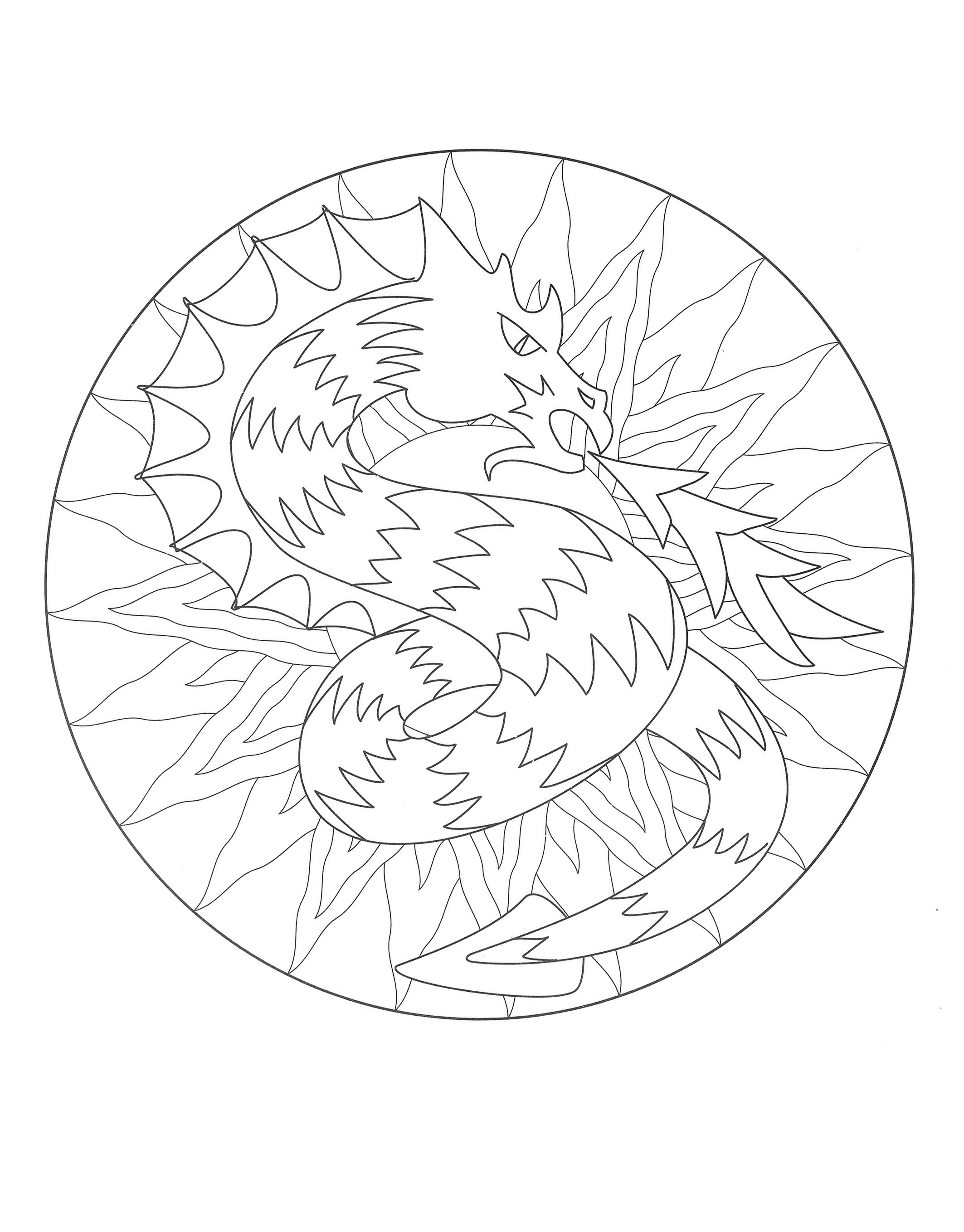 Assez effrayant ce Mandala de dragon ! N'hésitez pas à le colorier, de manière énergique.