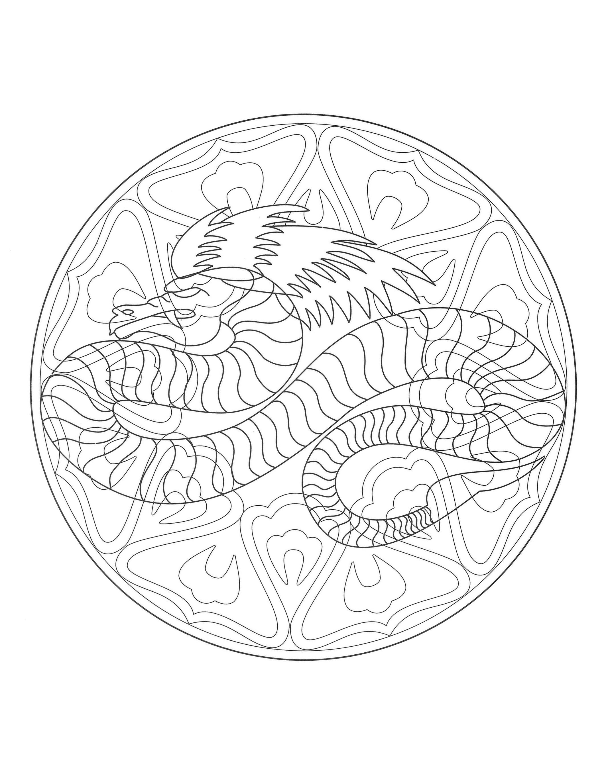 Un imposant dragon et ses motifs, dans un mandala unique en son genre