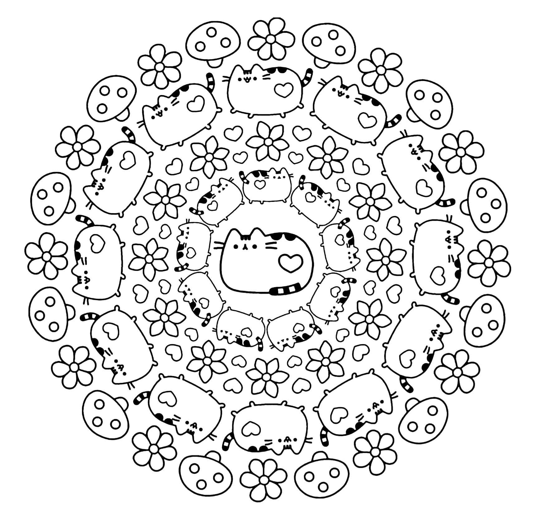 Ces jolis chats pusheen n'attendent qu'à être coloriés dans ce joli Mandala très original, à vous de jouer.