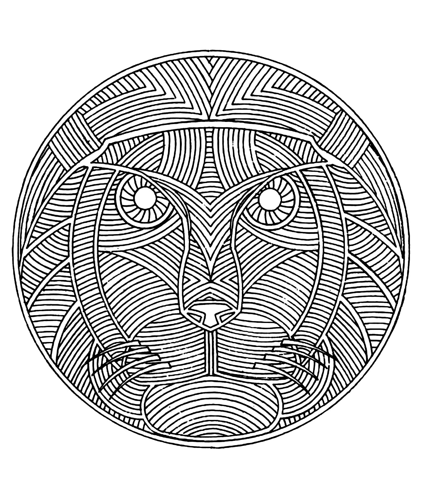Un Mandala mettant en scène une tête de lion, pour ceux qui préfèrent mettre en couleur des éléments concrets et vivants.