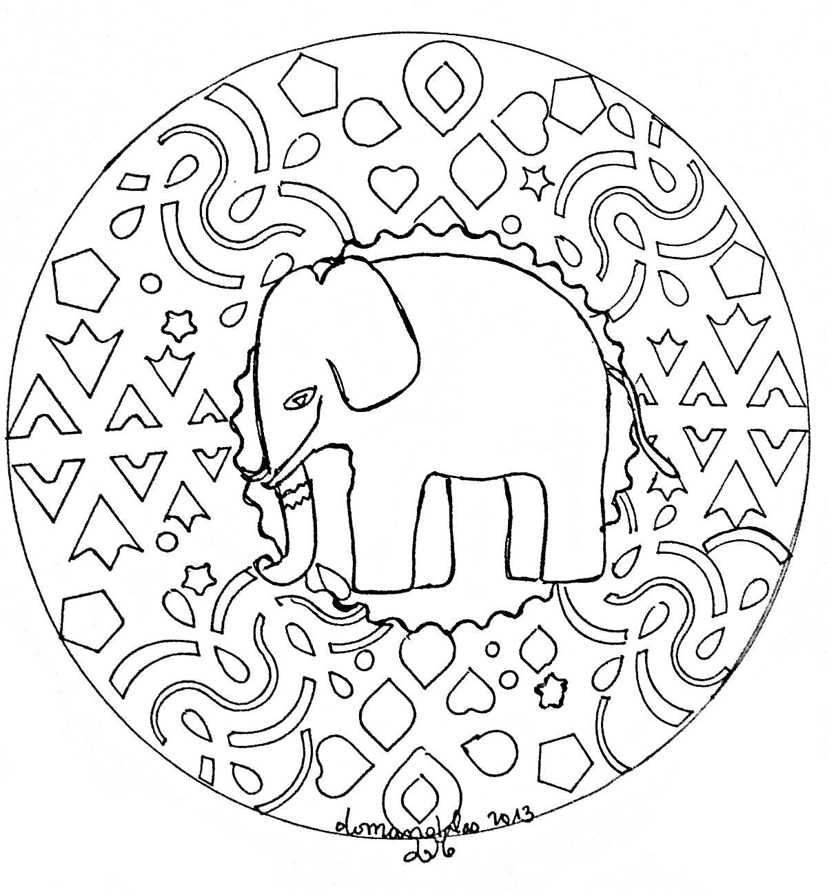 Un magnifique coloriage de Mandala avec un éléphant, d'une grande qualité et originalité. A vous de choisir les couleurs les plus appropriées.