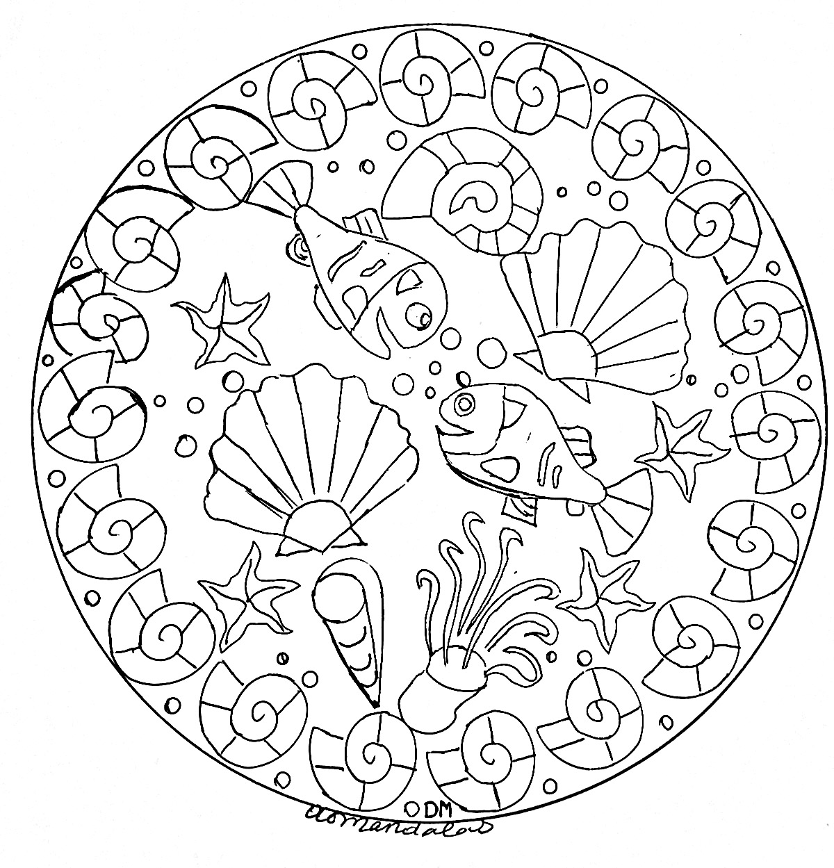 Un Mandala mettant en scène des coquillages et des poissons, pour ceux qui préfèrent mettre en couleur des éléments concrets et vivants.