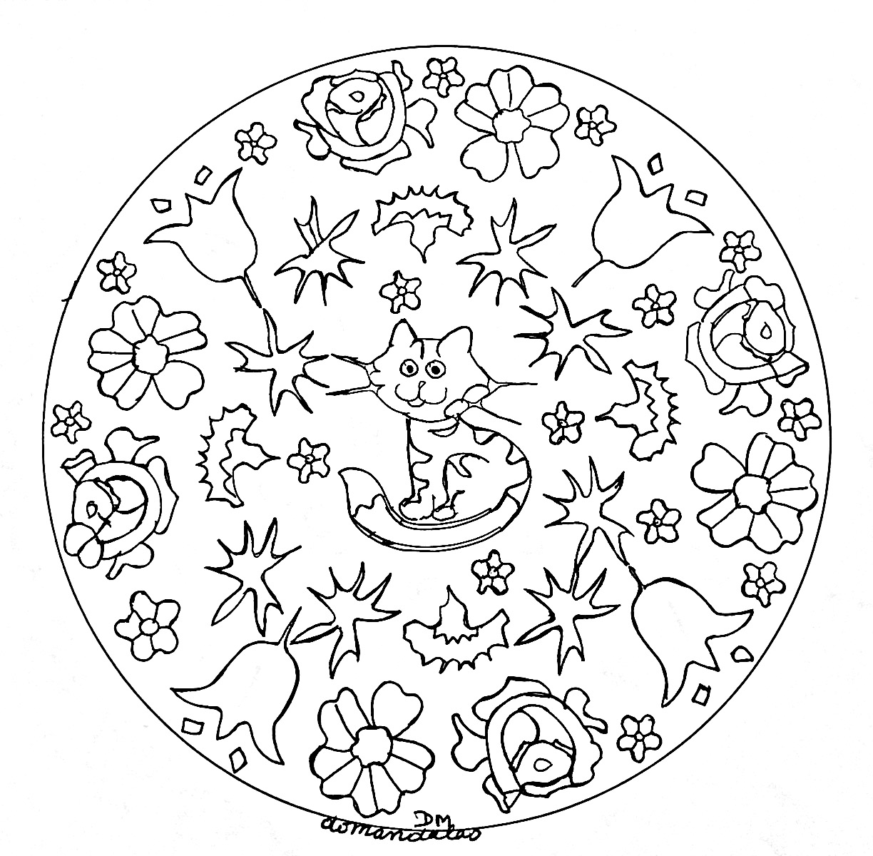 Mandala chat et fleurs