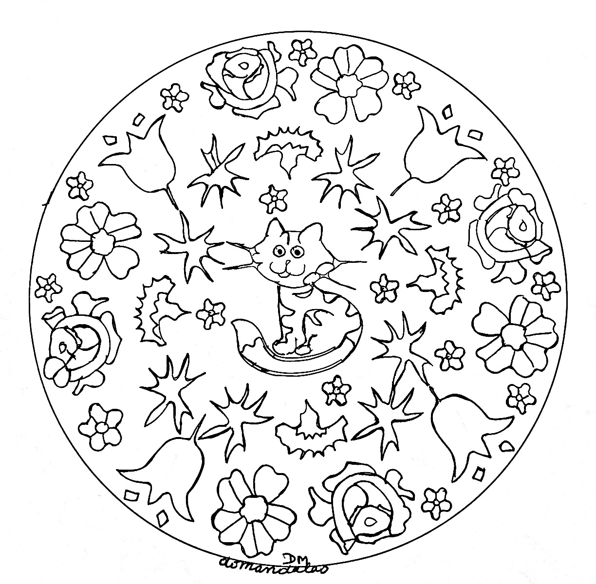 mandala a imprimer petit chat et fleurs free to print