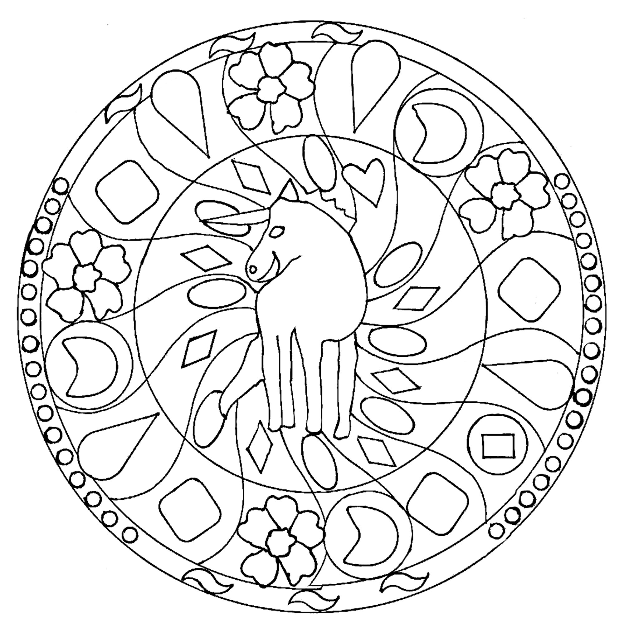 Un magnifique coloriage de Mandala 'cheval', d'une grande qualité et originalité. A vous de choisir les couleurs les plus appropriées.