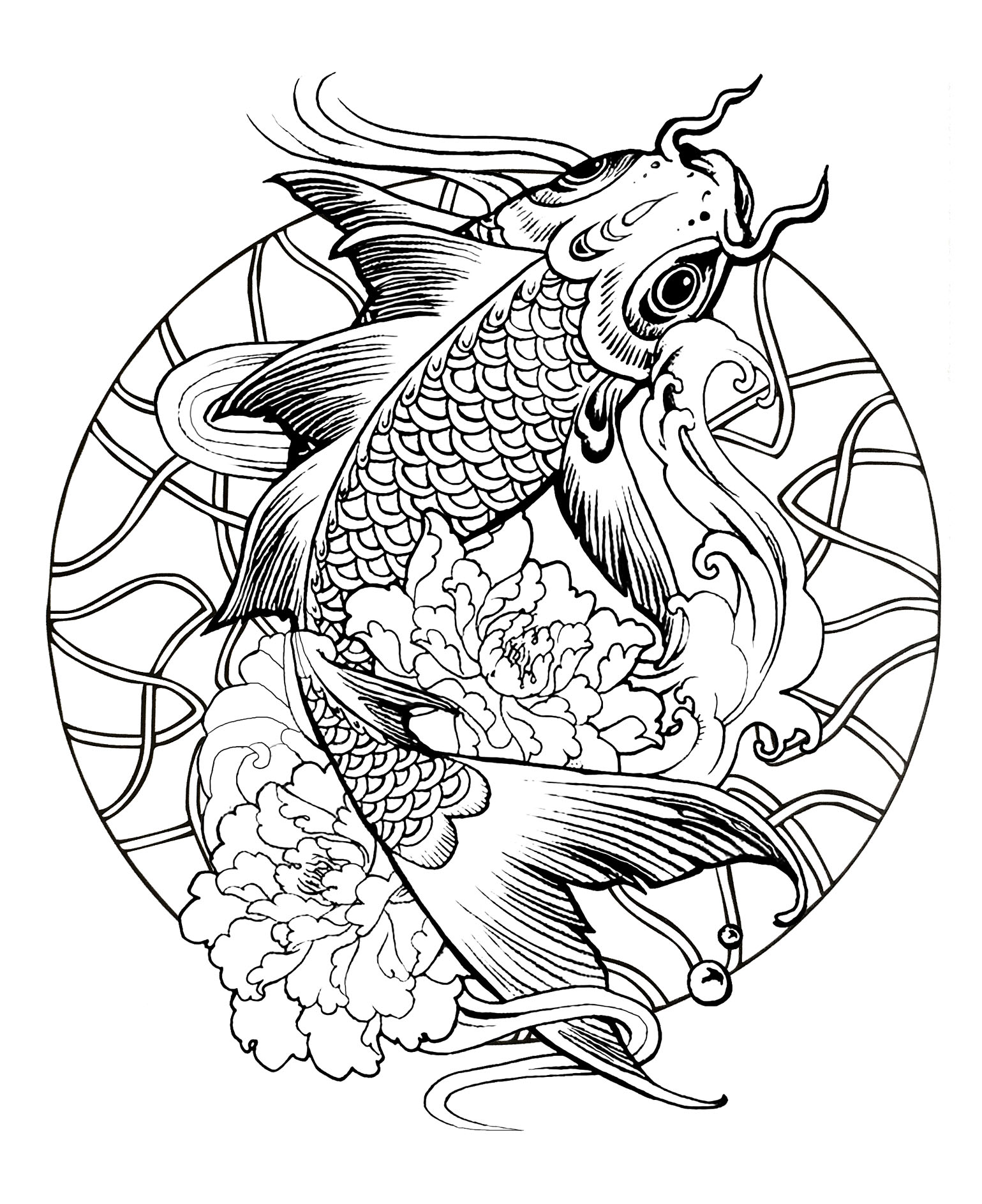 Mandalas sur le thème des Animaux : Mandala carpe nageant Mandalas sur le thème des Animaux : Mandala carpe nageant