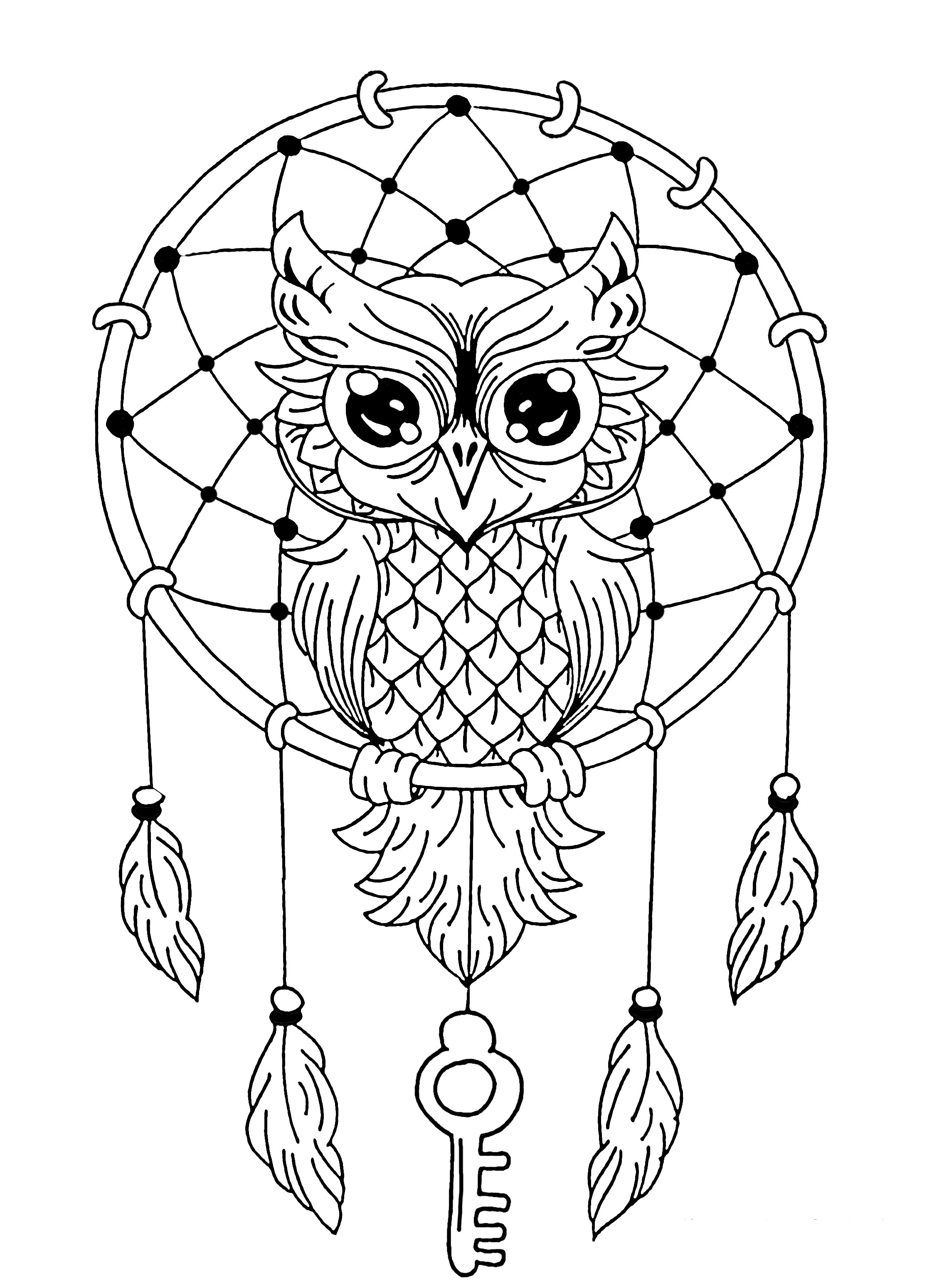 Mandala Attrape-rêve avec un hibou. Un Mandala mettant en scène des animaux, pour ceux qui préfèrent mettre en couleur des éléments concrets et vivants.