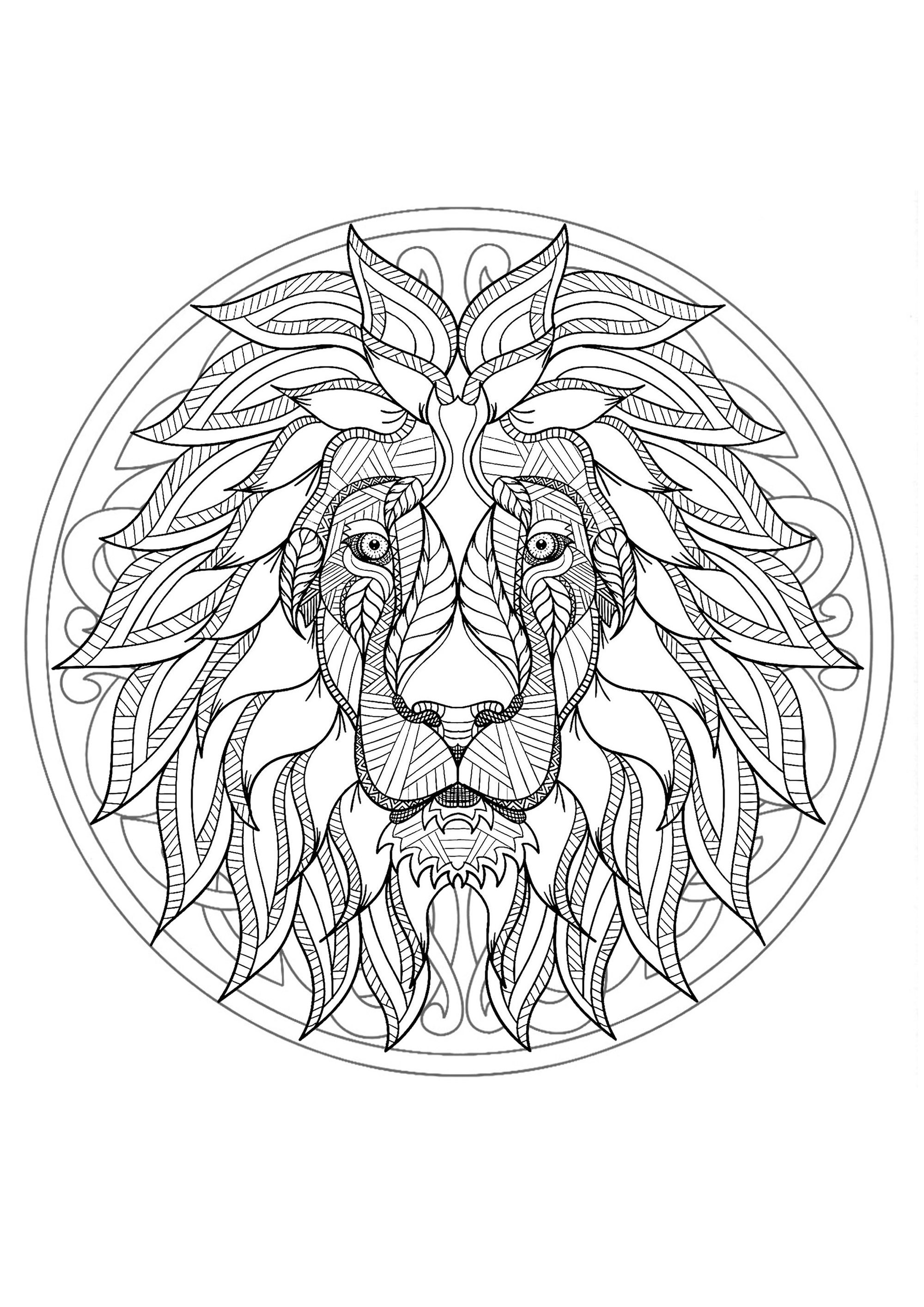 Ce beau lion n'attend qu'à être colorié dans ce joli Mandala très original, à vous de jouer.