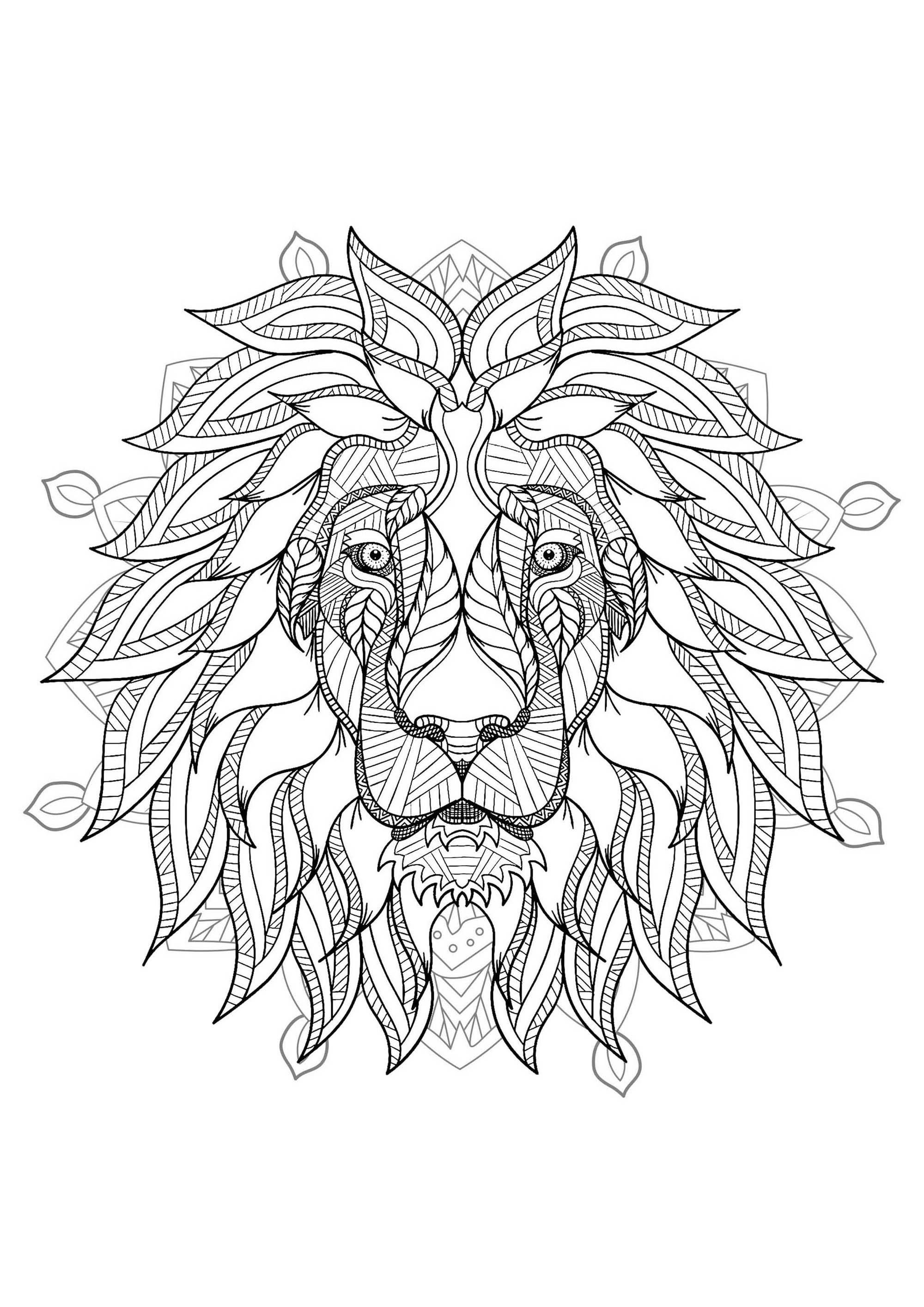 Un Mandala mettant en scène le roi des animaux : le lion, pour ceux qui préfèrent mettre en couleur des éléments concrets et vivants.