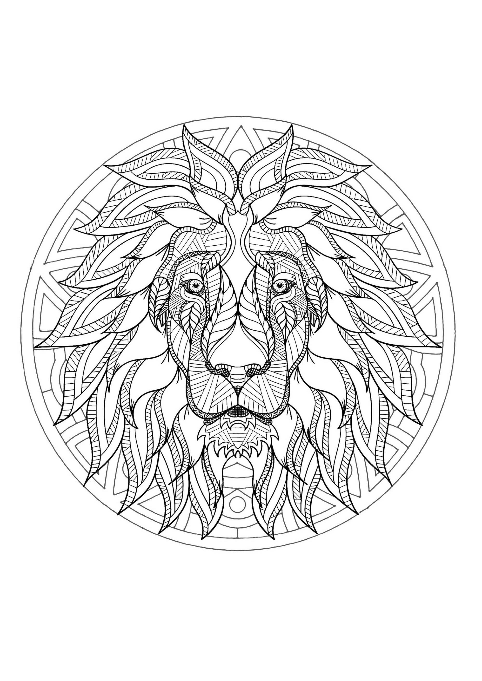 Un magnifique coloriage de Mandala avec une tête de lion, d'une grande qualité et originalité. A vous de choisir les couleurs les plus appropriées.