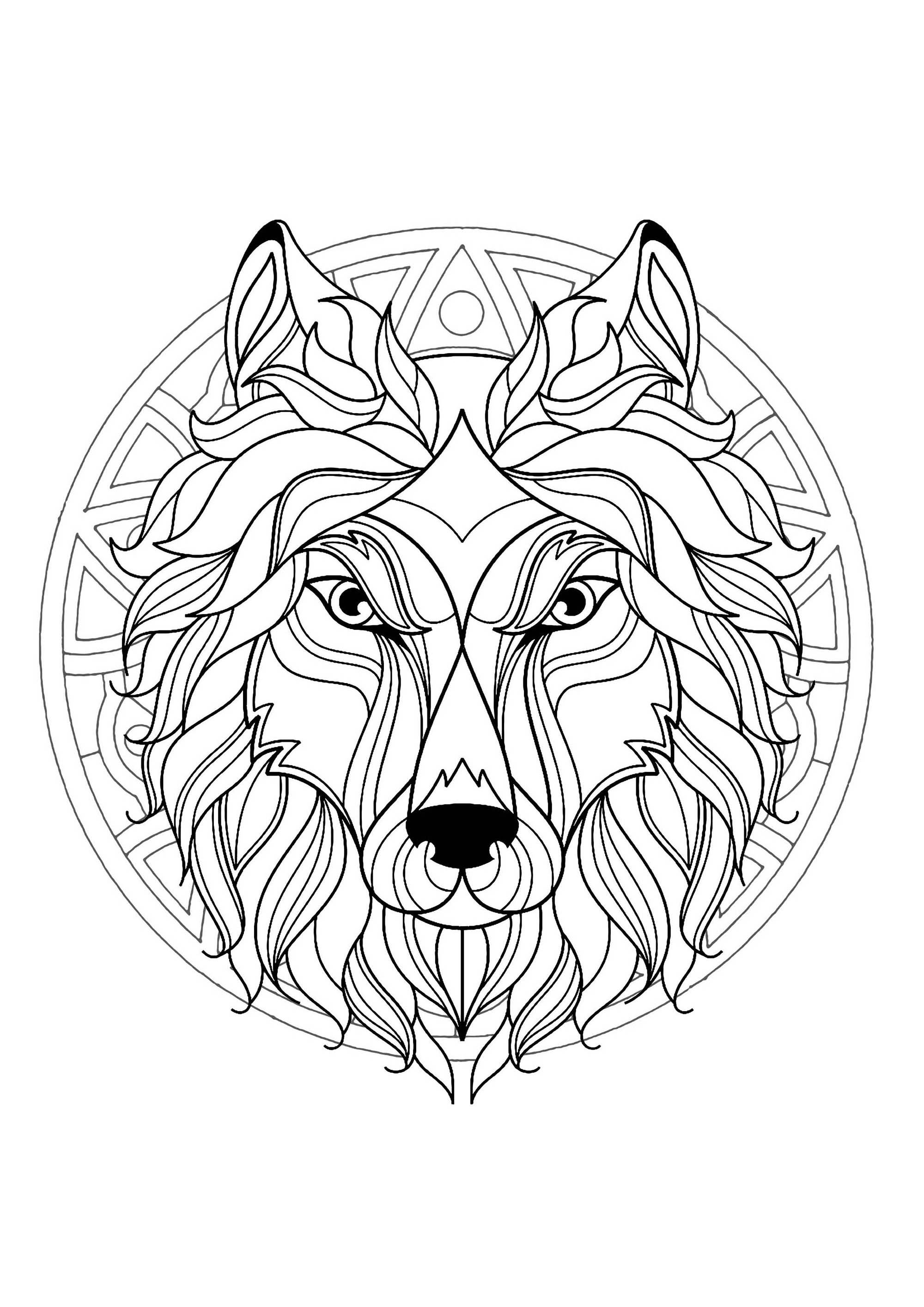 Un magnifique coloriage de Mandala avec une tête de loup, d'une grande qualité et originalité. A vous de choisir les couleurs les plus appropriées.