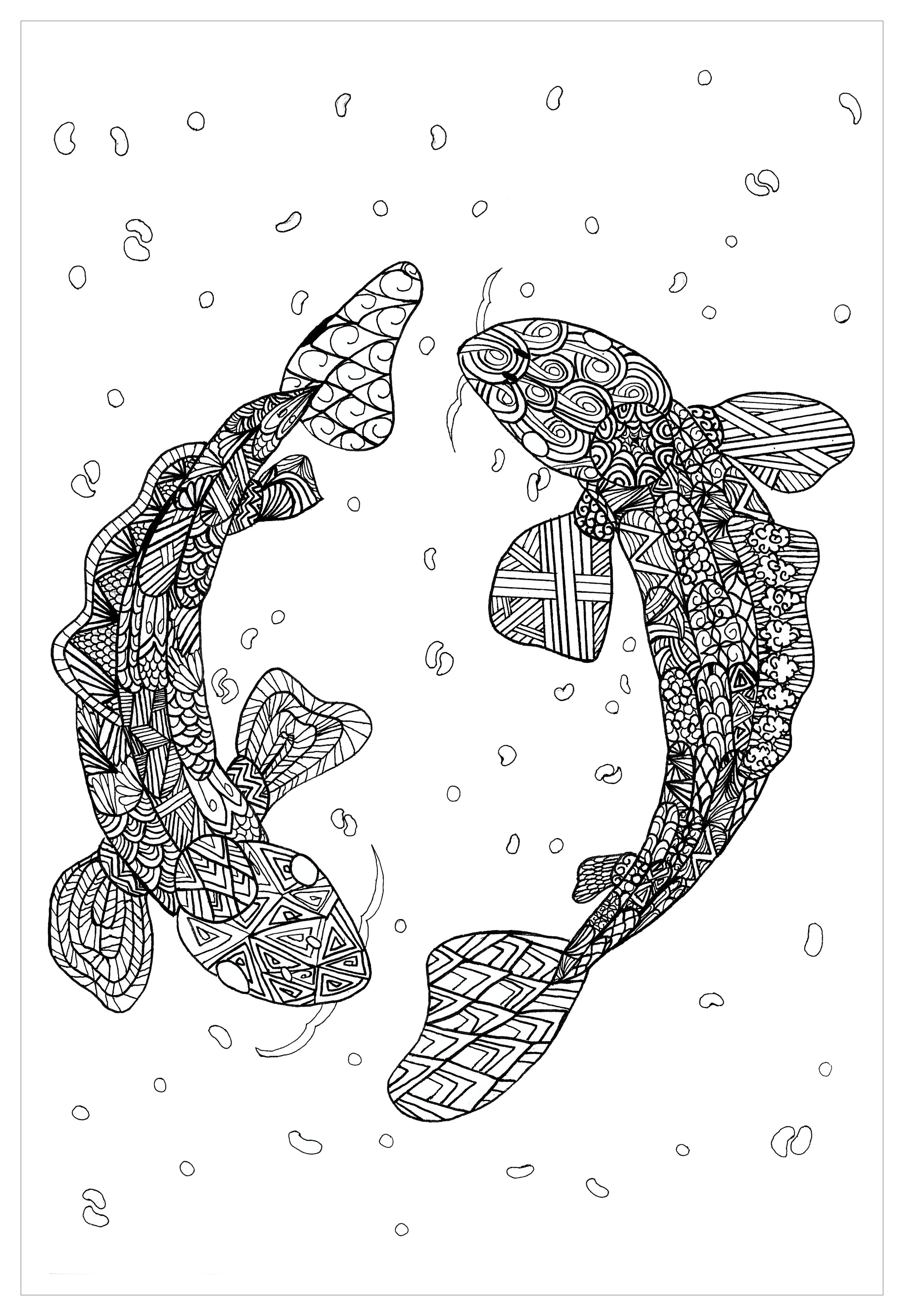 2 carpes Koï (célèbres poissons japonais) formant un Mandala