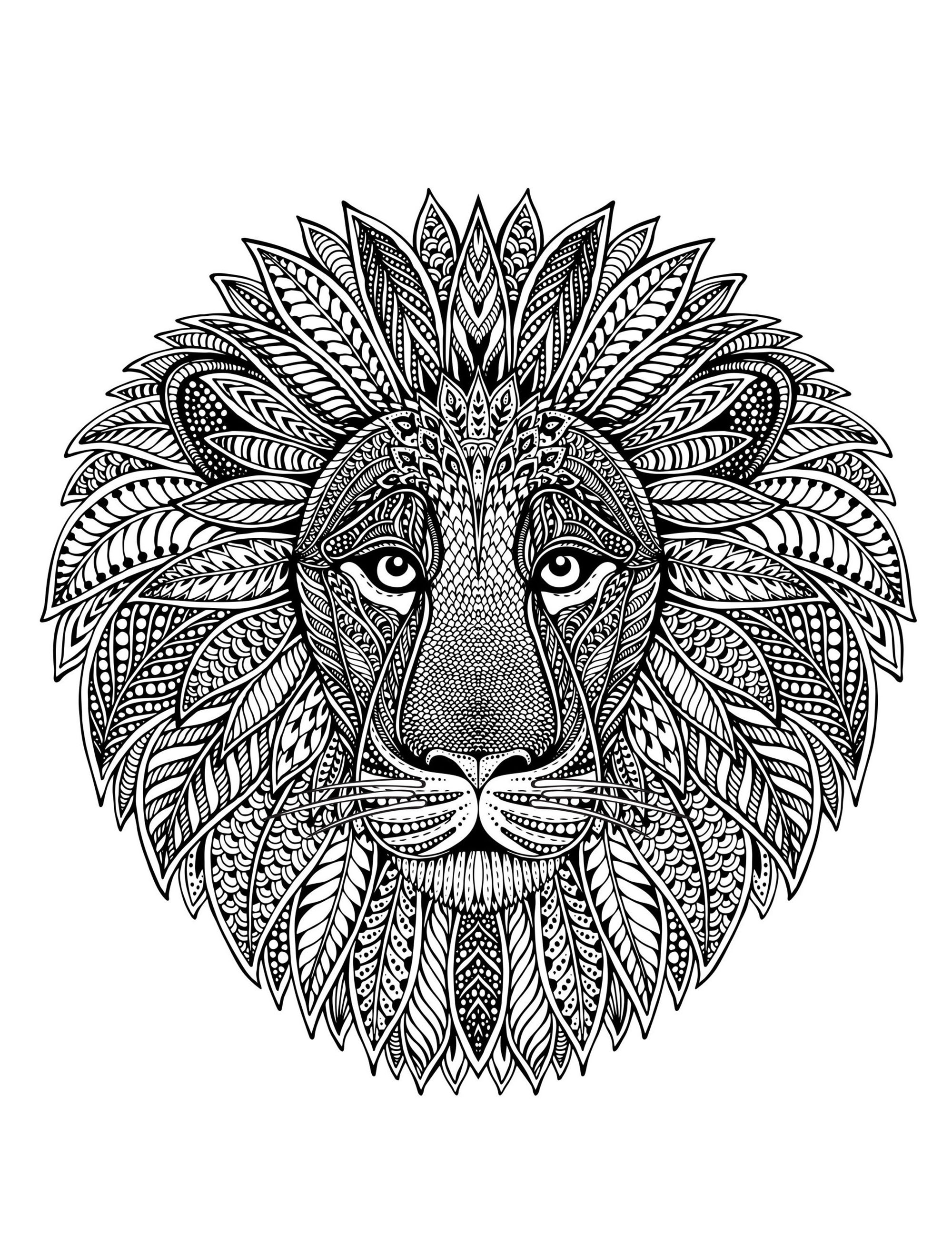 Un Mandala mettant en scène une tête de lion, pour ceux qui préfèrent mettre en couleur des éléments concrets et vivants.