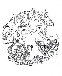 Mandala dragon, loup et créatures