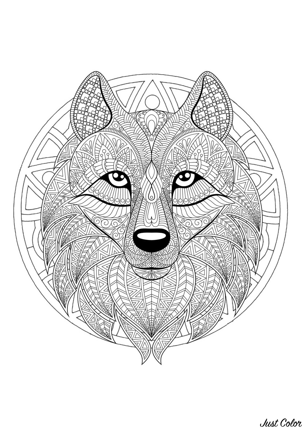 Un Mandala mettant en scène un joli loup, pour ceux qui préfèrent mettre en couleur des éléments concrets et vivants.