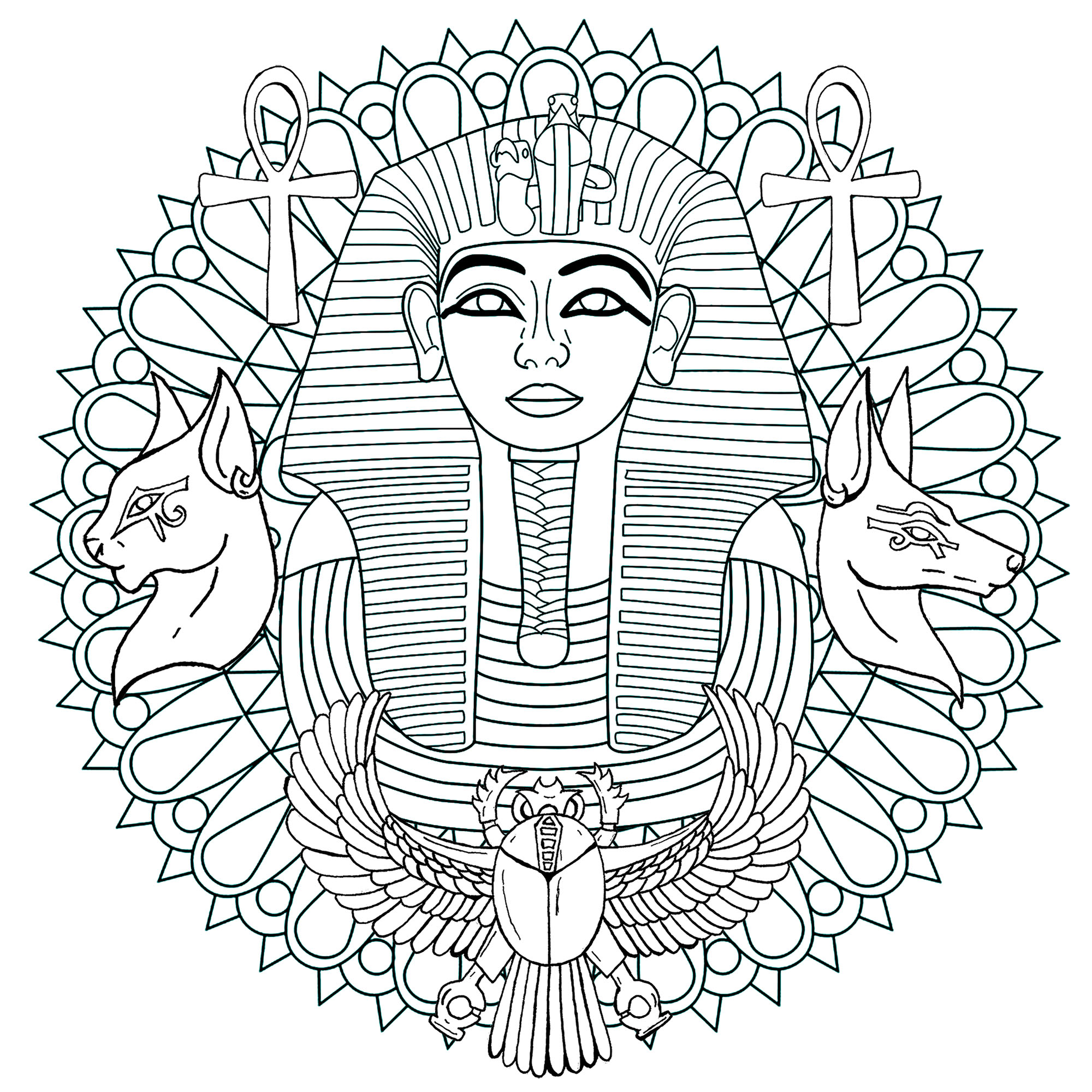 Le masque de Toutânkhamon est tout autant une icône qu'un mystère. Voici un Mandala avec celui-ci et divers symboles égyptiens. Version 1