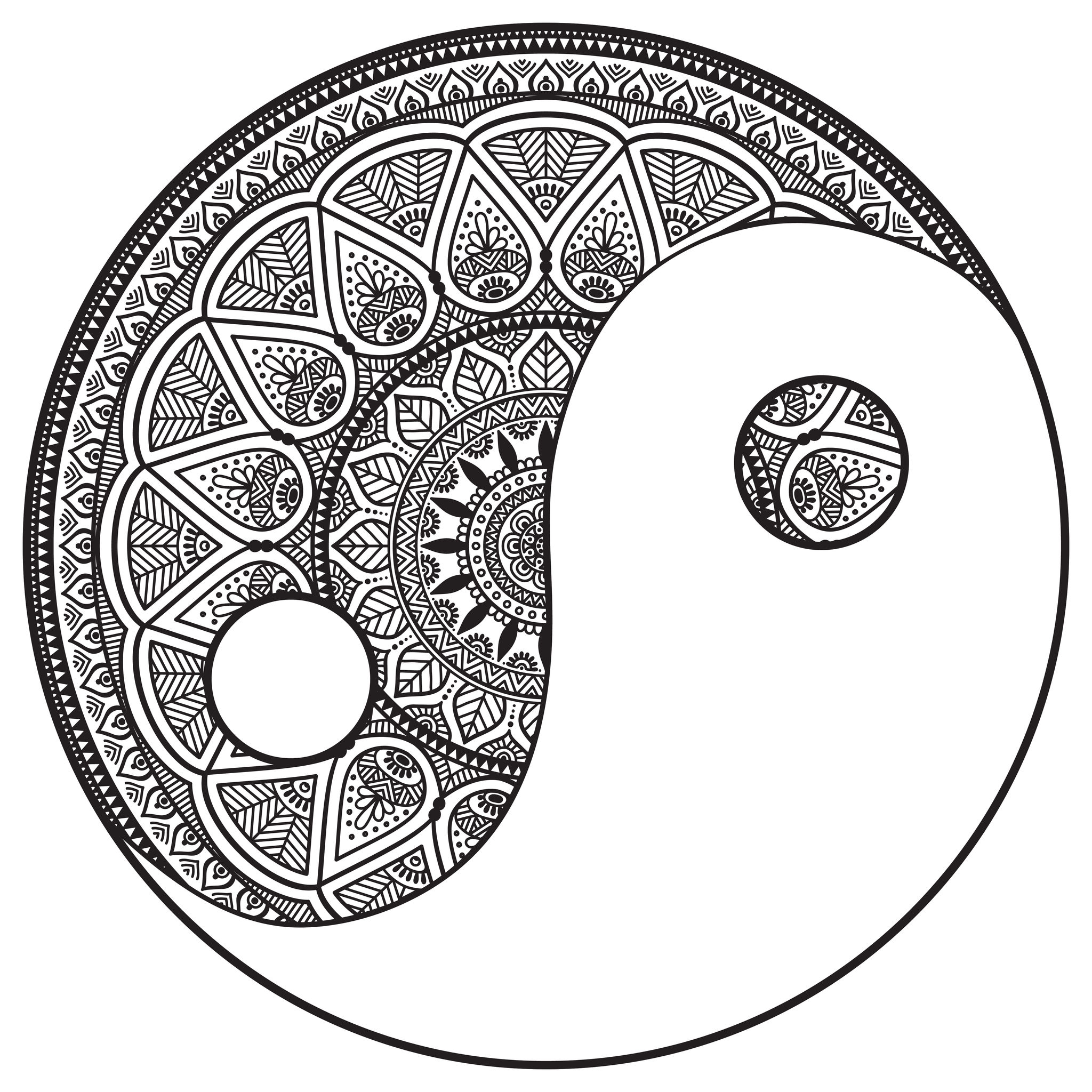 Un Mandala Yin & Yang assez difficile à colorier, parfait si vous aimez mettre en couleur de petites zones, et si vous aimez les détails variés.