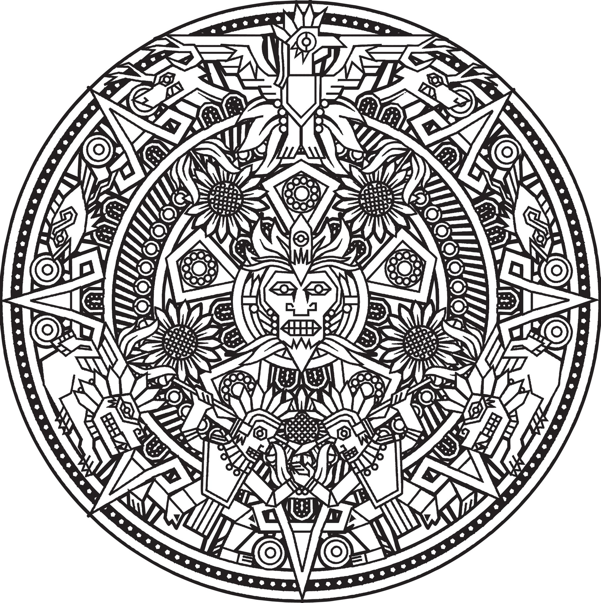 Préparez vos feutres et crayons pour réaliser la mise en couleur de ce Mandala Incas plein de petits détails et zones intriquées.