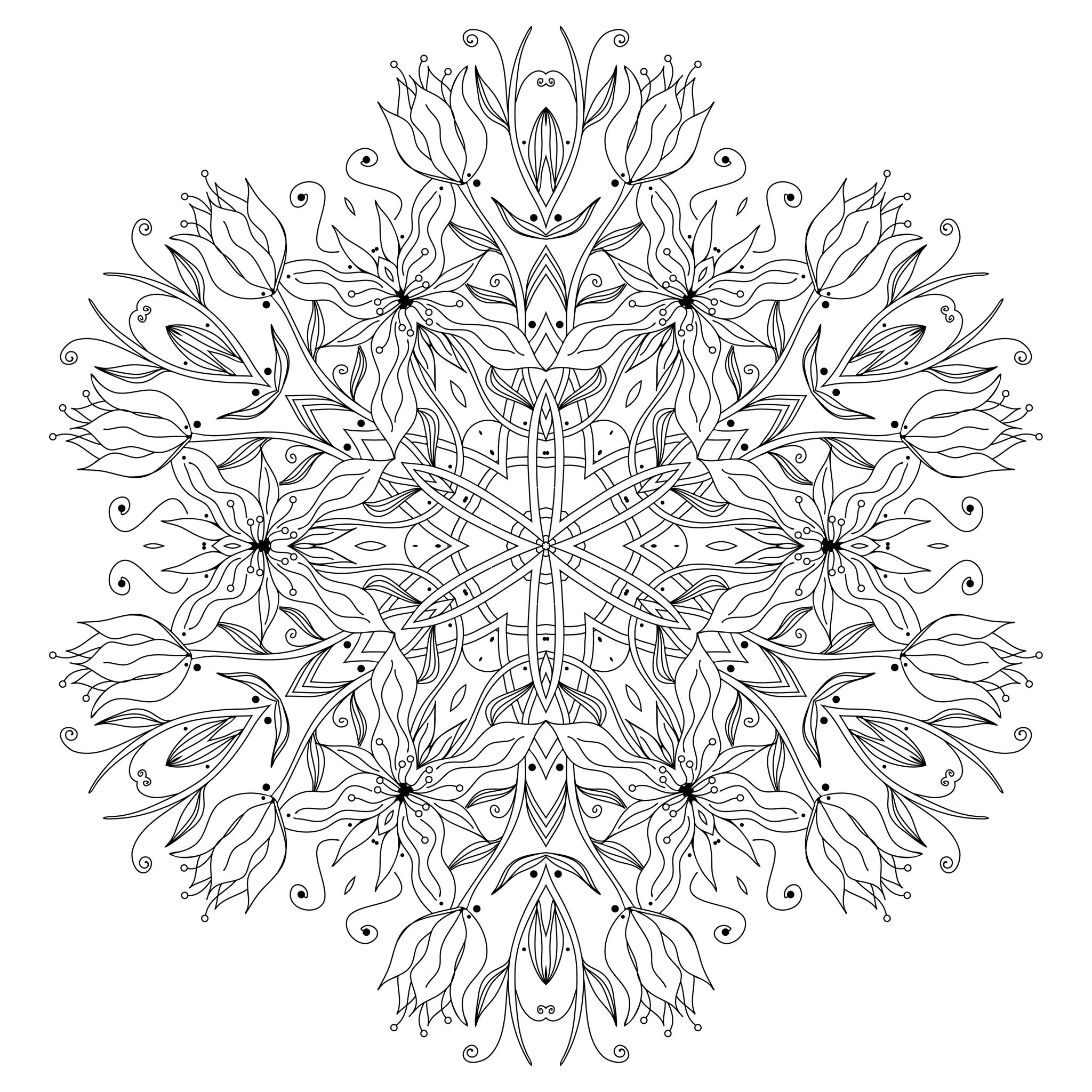 Préparez vos feutres et crayons pour réaliser la mise en couleur de ce Mandala fleuri et original plein de petits détails et zones intriquées.