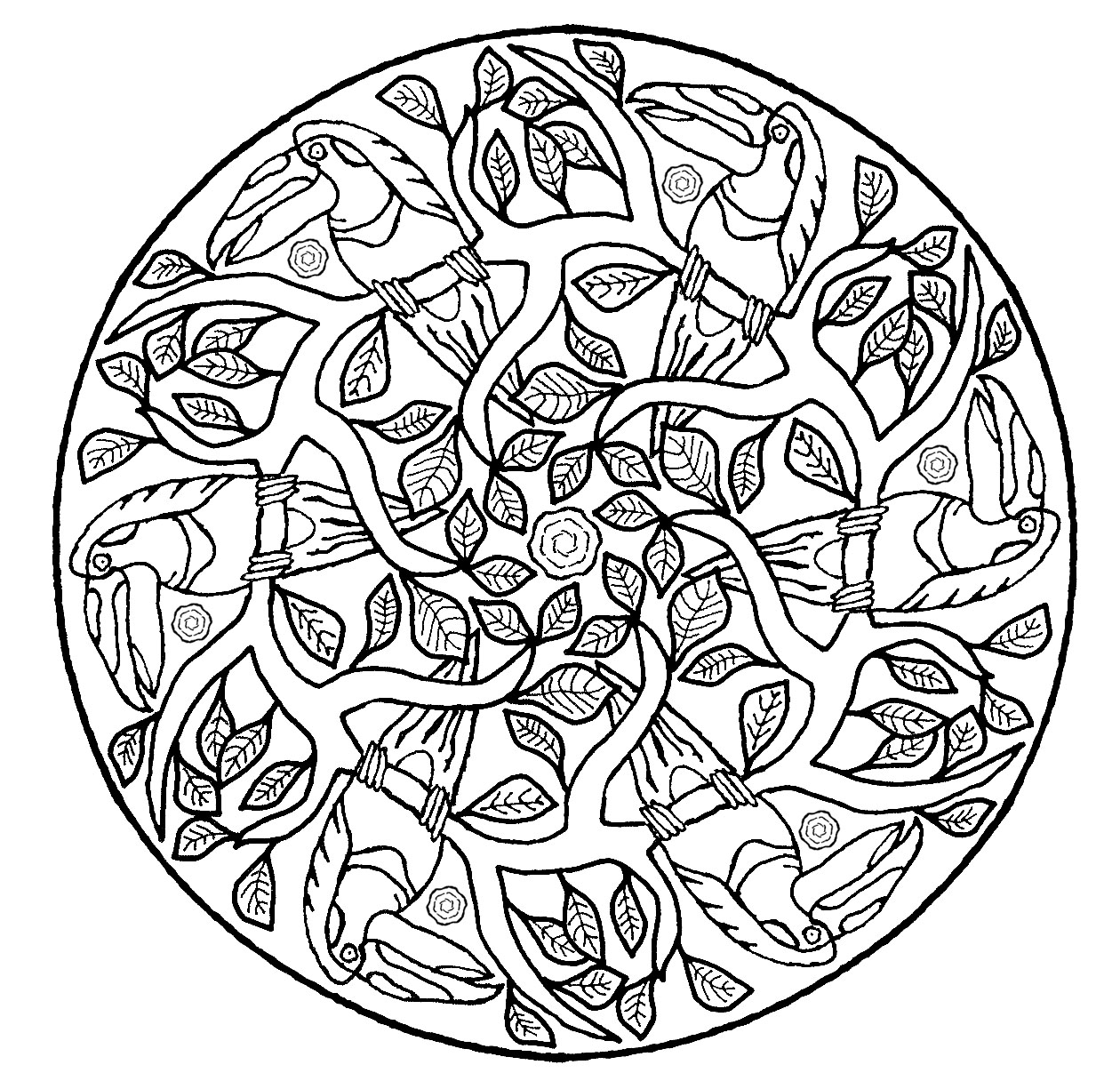 Un Mandala 'perroquet' assez difficile à colorier, parfait si vous aimez mettre en couleur de petites zones, et si vous aimez les détails variés.