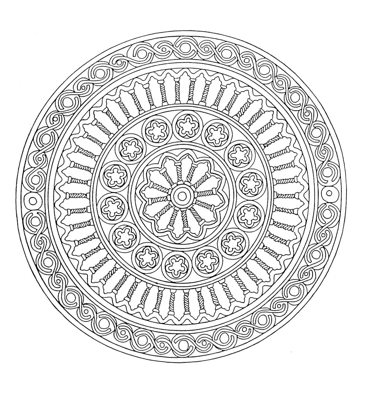 Sublime mandala avec plusieurs successions de formes arron s Assez sympa et assez pliqué   colorier