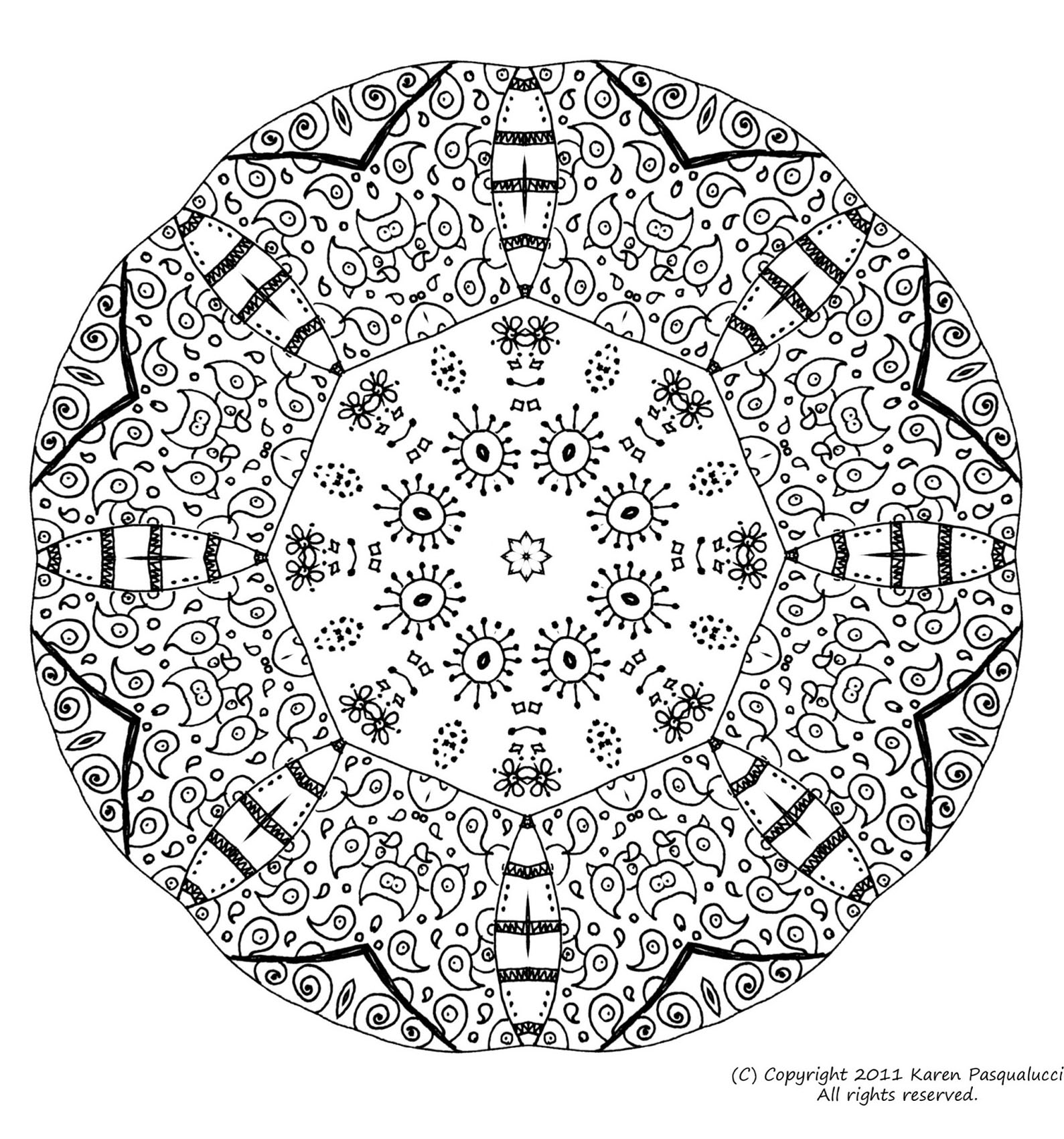 Superbe mandala symétrique et tr¨s original avec différents éléments   colorier Assez pliqué Imprimer