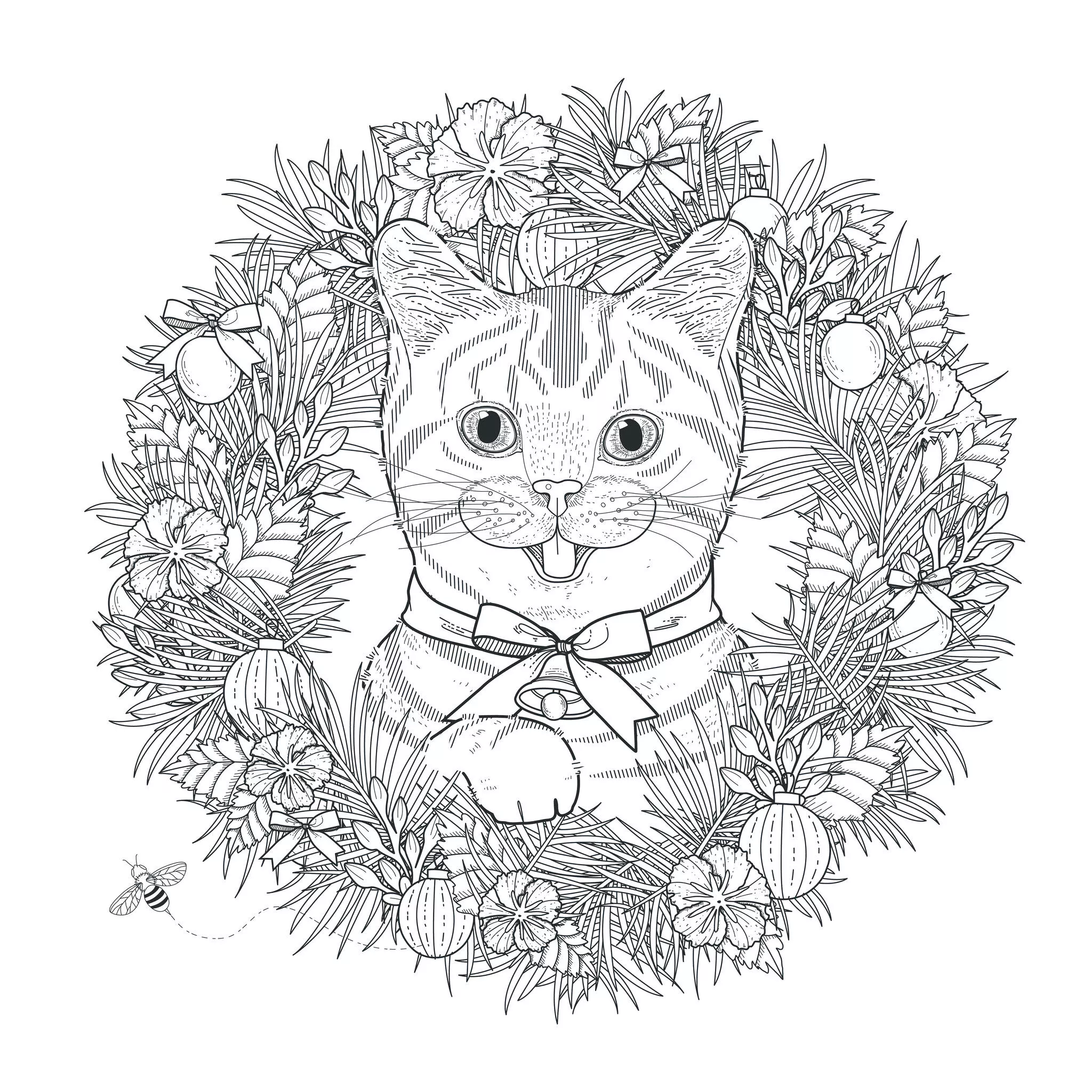 Mandala tête de chat dans couronne (Mandalas difficiles (pour adultes))