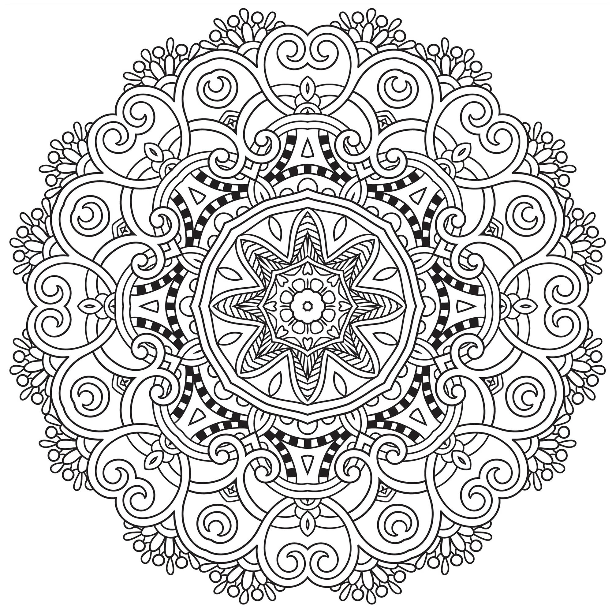 Un Mandala 'Harmonie fleurie' assez difficile à colorier, parfait si vous aimez mettre en couleur de petites zones, et si vous aimez les détails variés.