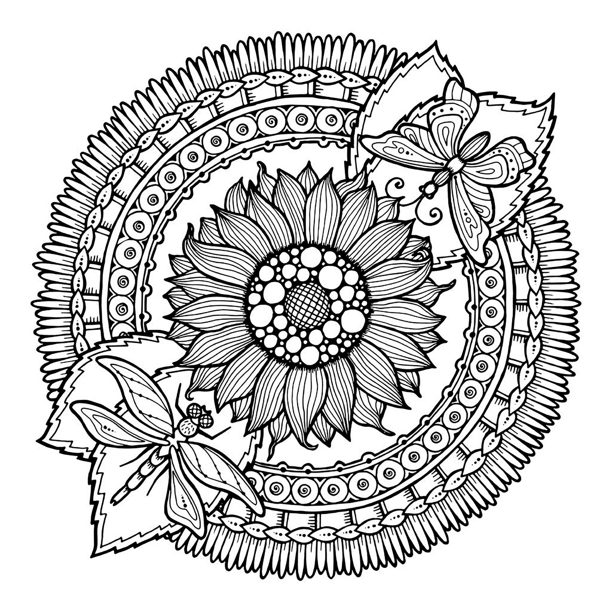 Préparez vos feutres et crayons pour réaliser la mise en couleur de ce Mandala 'tournesols et papillons' plein de petits détails et zones intriquées.