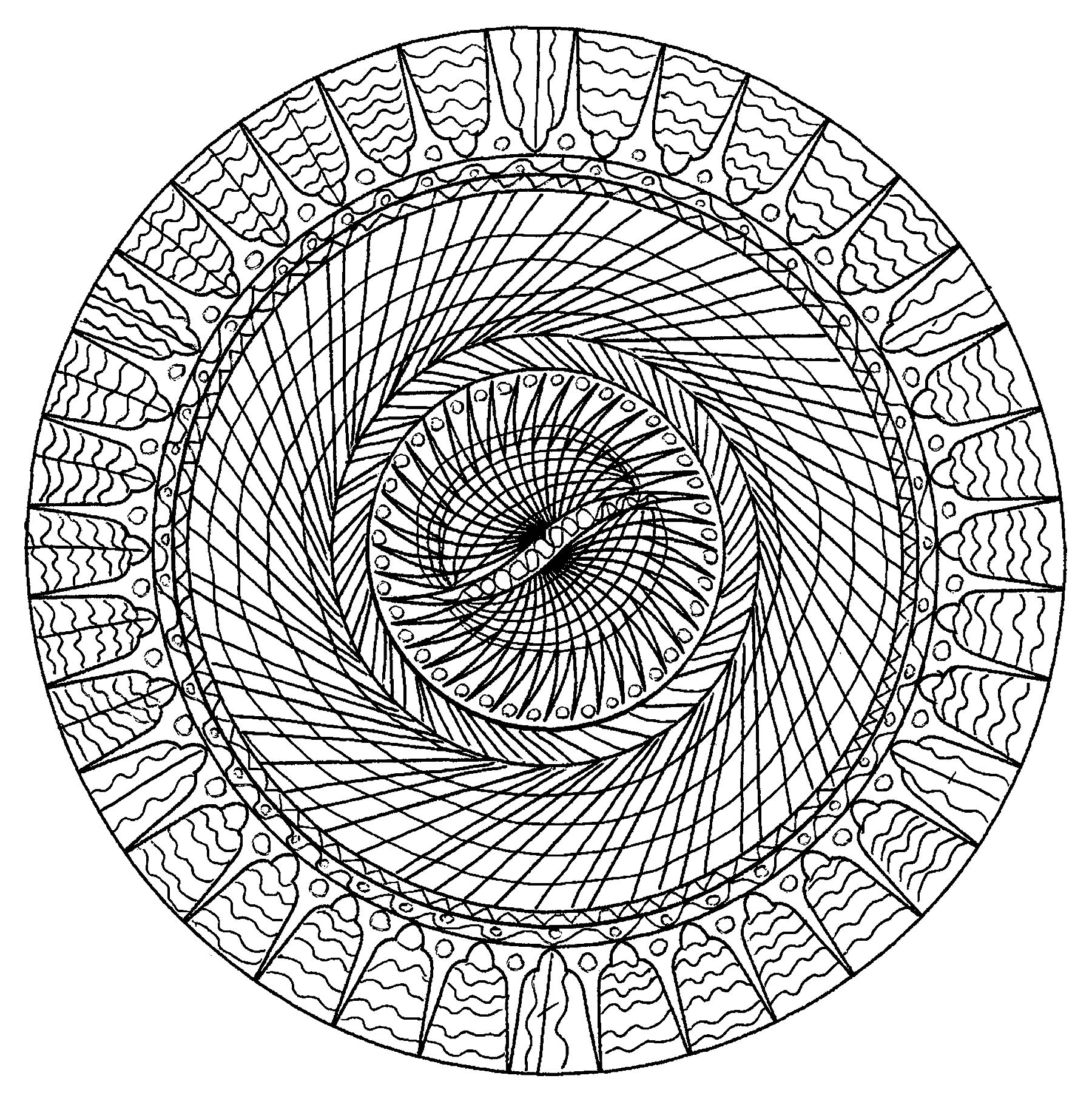 Un Mandala abstrait assez difficile à colorier, parfait si vous aimez mettre en couleur de petites zones, et si vous aimez les détails variés.