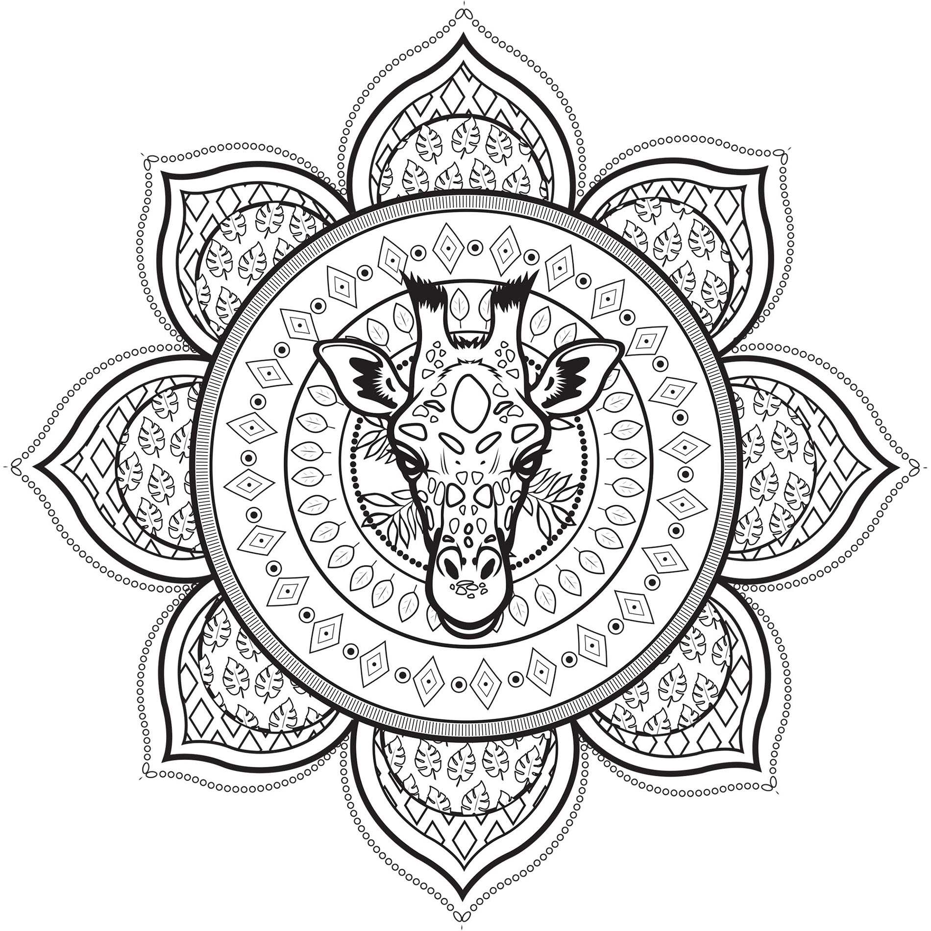 Beaucoup de détails végétaux et de jolies feuilles, pour un Mandala très original et harmonieux, avec une tête de girafe en son centre. Beaucoup de détails végétaux et de jolies feuilles, pour un Mandala très original et harmonieux, avec une tête de girafe en son centre.