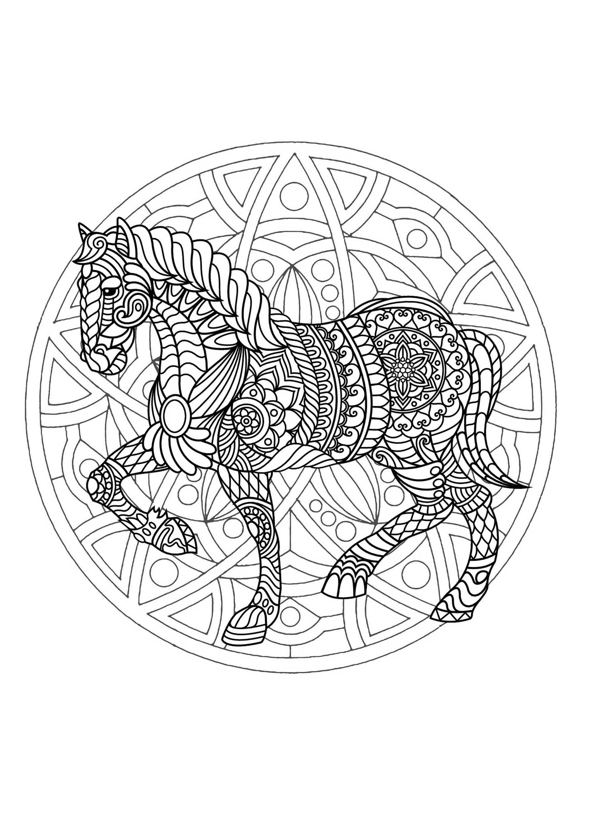 Coloriage Mandala Animaux Facile Mandala cheval 1 (difficile) - Mandalas difficiles (pour adultes)