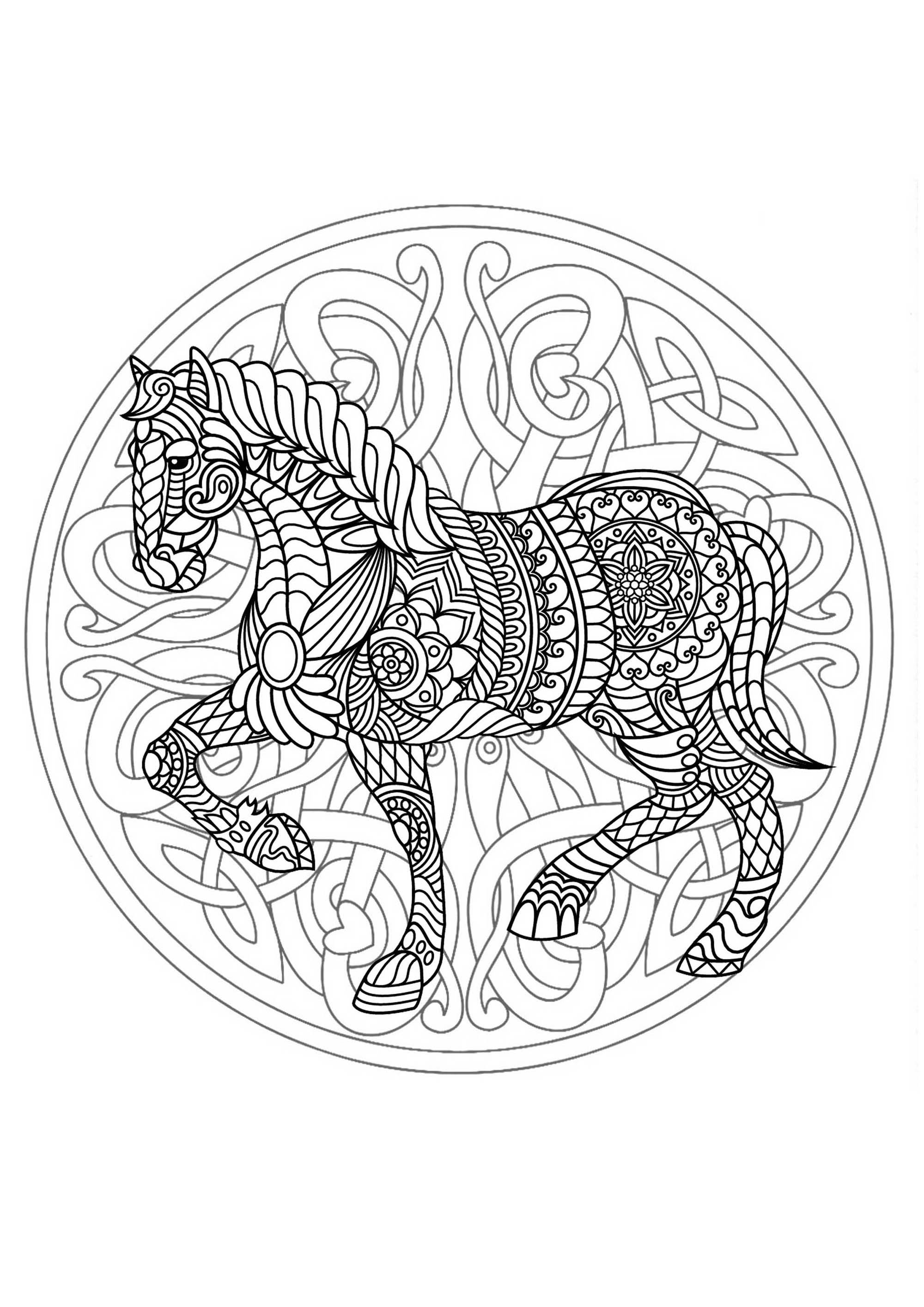 Cheval & Mandala - Si vous êtes prêt à passer de longues minutes de relaxation, préparez vous à colorier ce Mandala assez complexes ... Vous pourrez utiliser de nombreuses couleurs si vous le souhaitez.