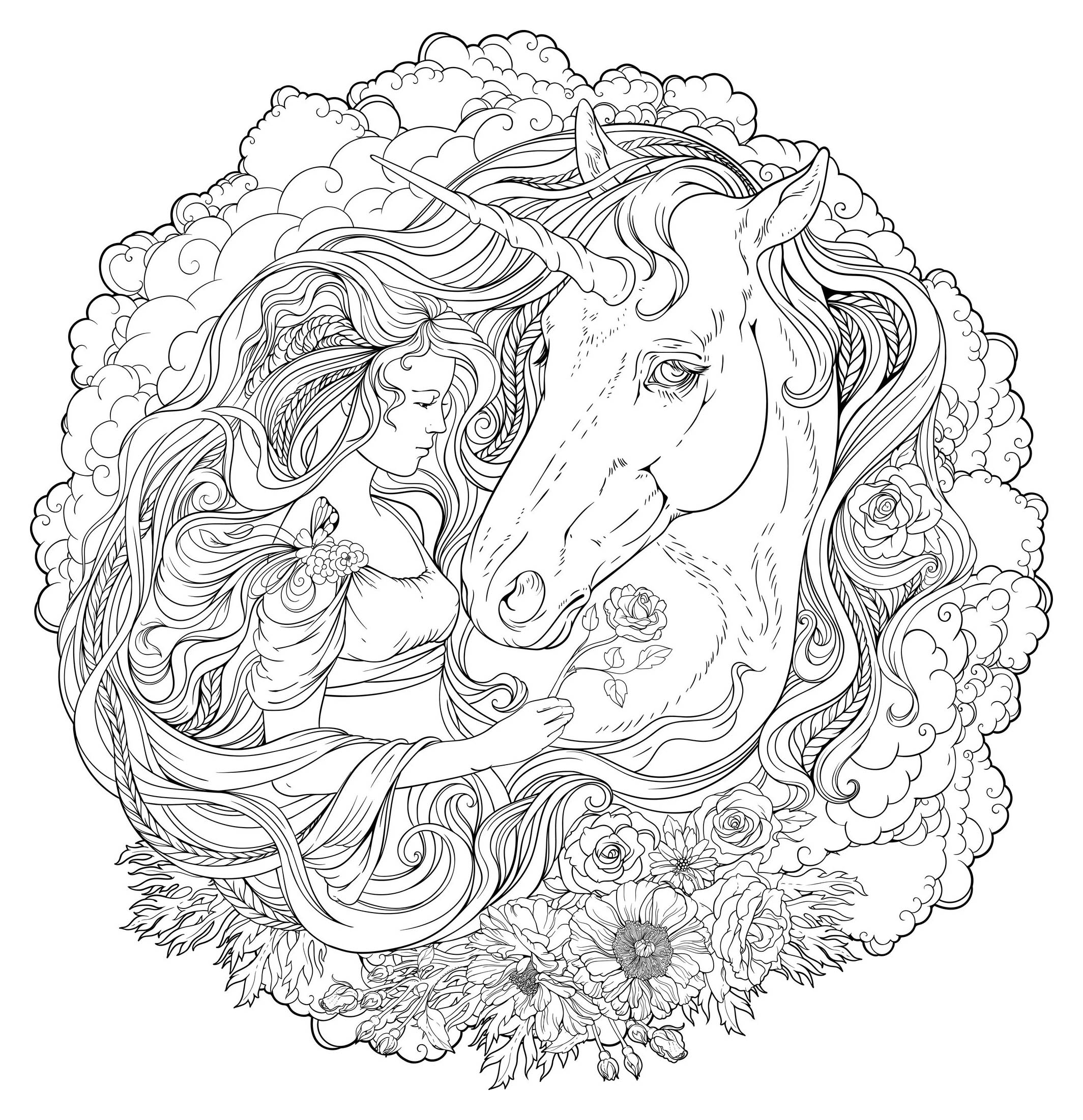 Mandalas difficiles (pour adultes) : Mandala fille & licorne Mandalas difficiles (pour adultes) : Mandala fille & licorne