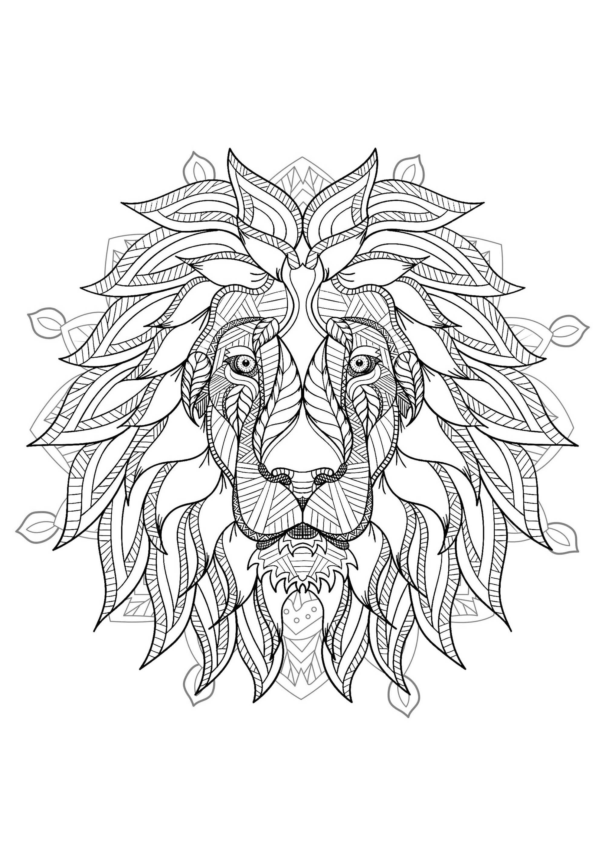 Mandala & tête de lion. Beaucoup de petits détails et de zones assez réduites, pour un Mandala au final très original et harmonieux.