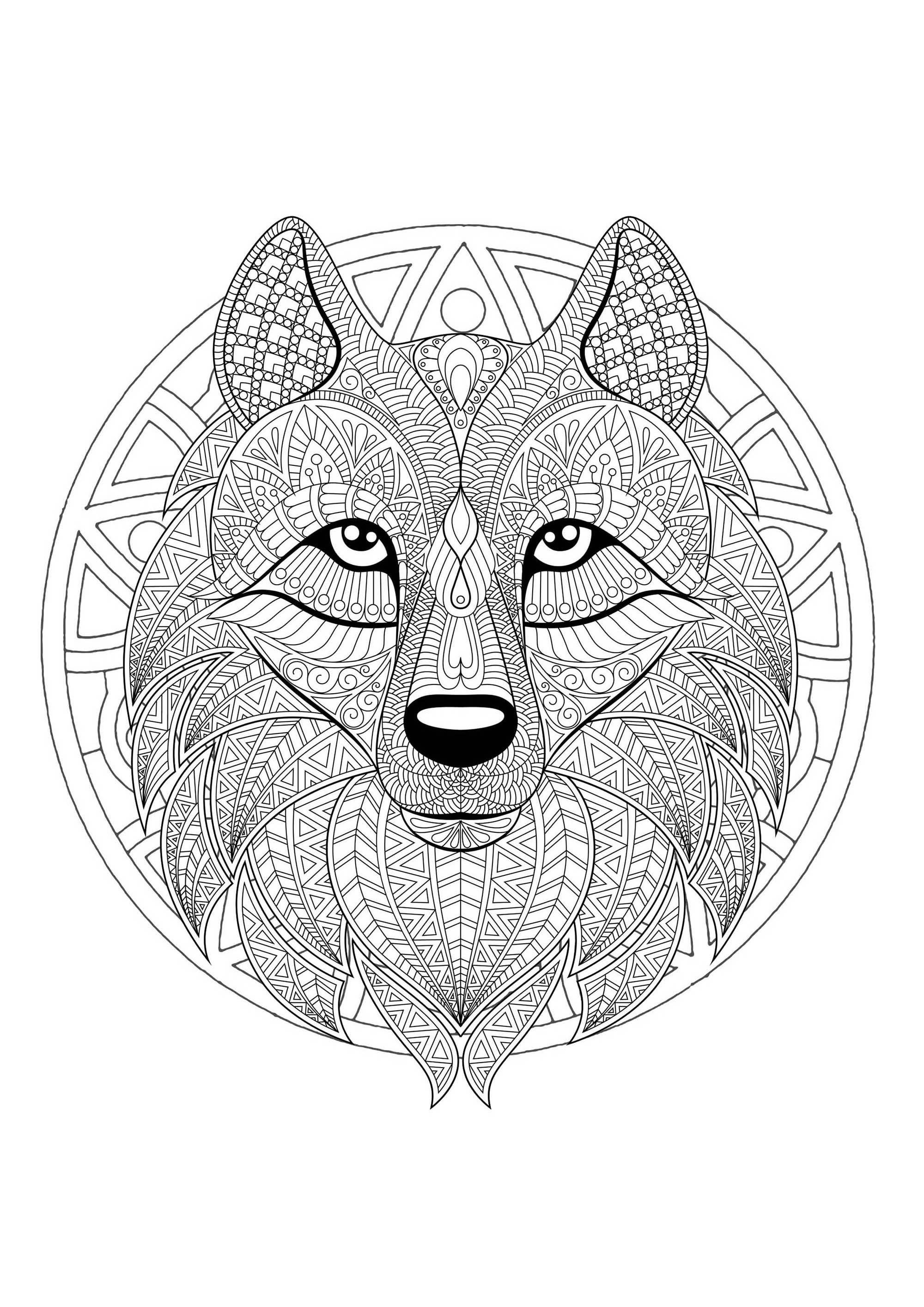 Mandala & tête de loup. Beaucoup de petits détails et de zones assez réduites, pour un Mandala au final très original et harmonieux.