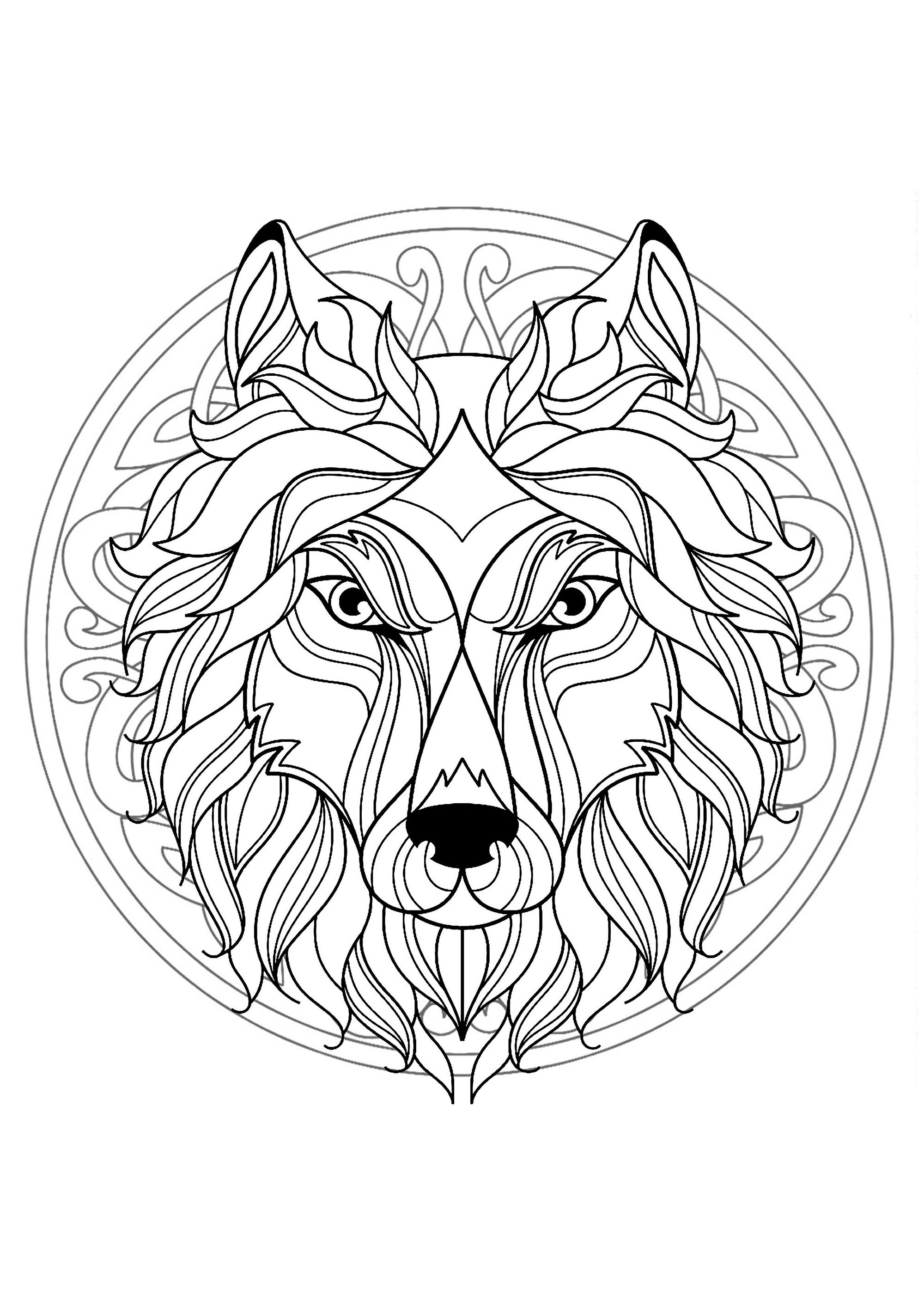 Mandala & tête de loup. Préparez vos feutres et crayons pour réaliser la mise en couleur de ce Mandala plein de petits détails et zones intriquées.