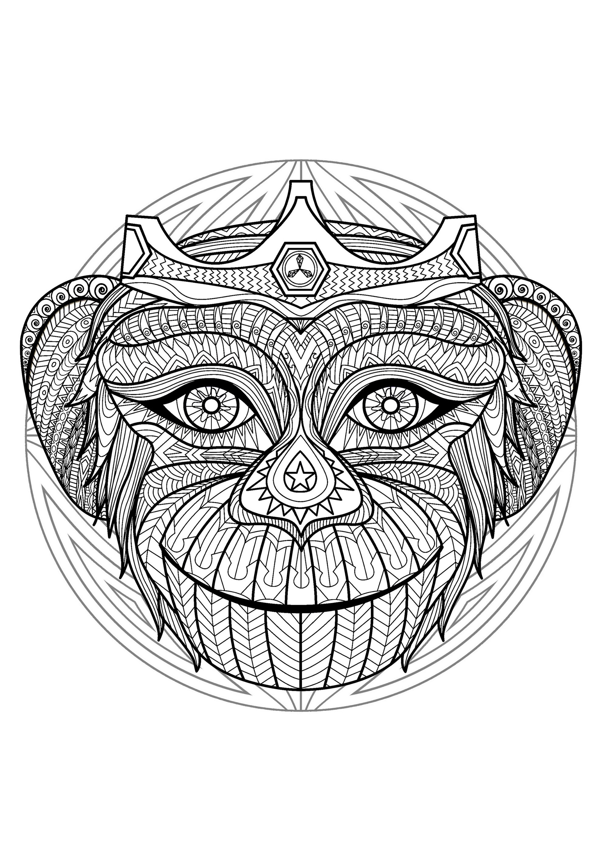 Mandala & tête de singe. Beaucoup de petits détails et de zones assez réduites, pour un Mandala au final très original et harmonieux.