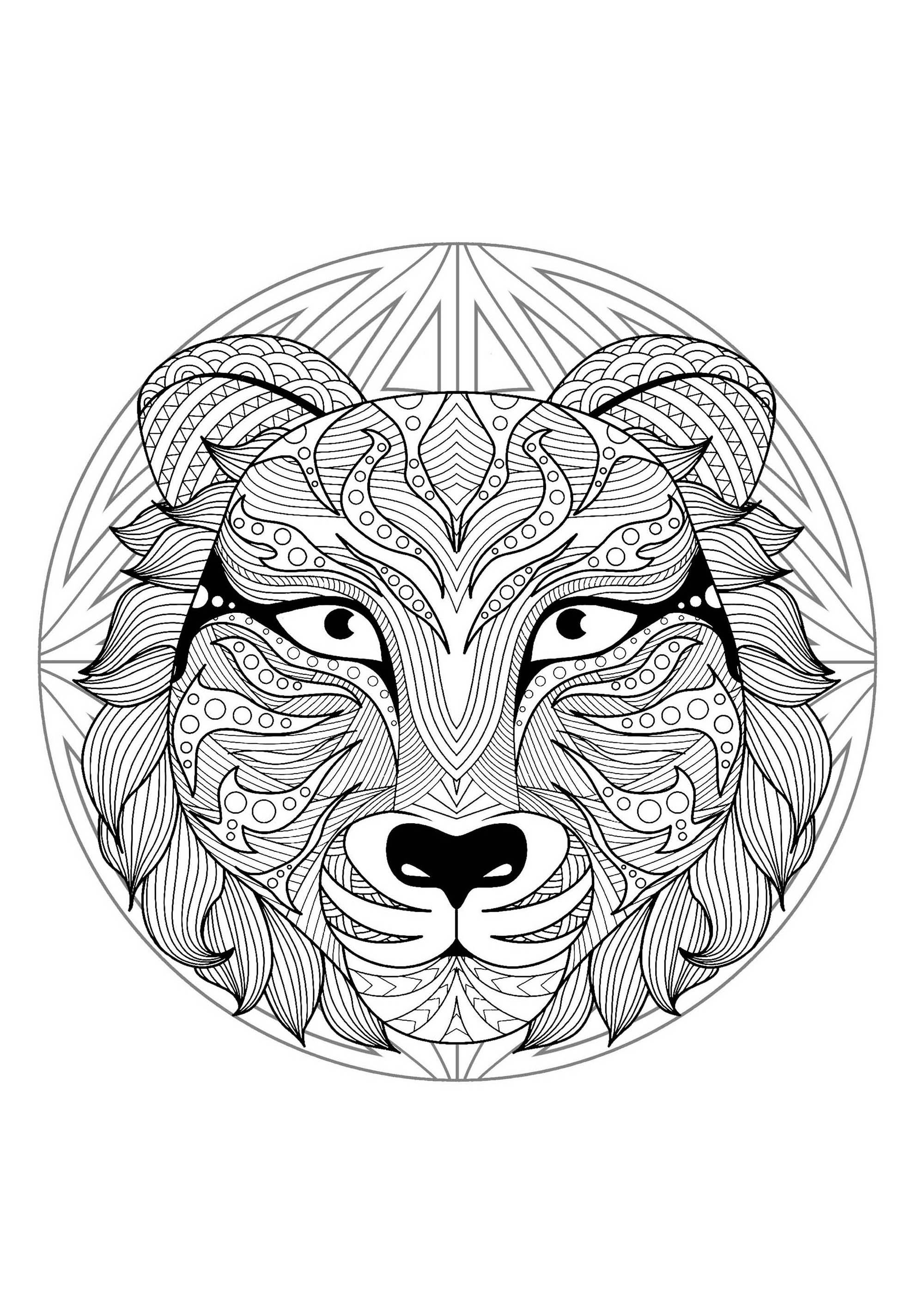 Mandalas difficiles (pour adultes) : Mandala tête de tigre - 2 Mandalas difficiles (pour adultes) : Mandala tête de tigre - 2