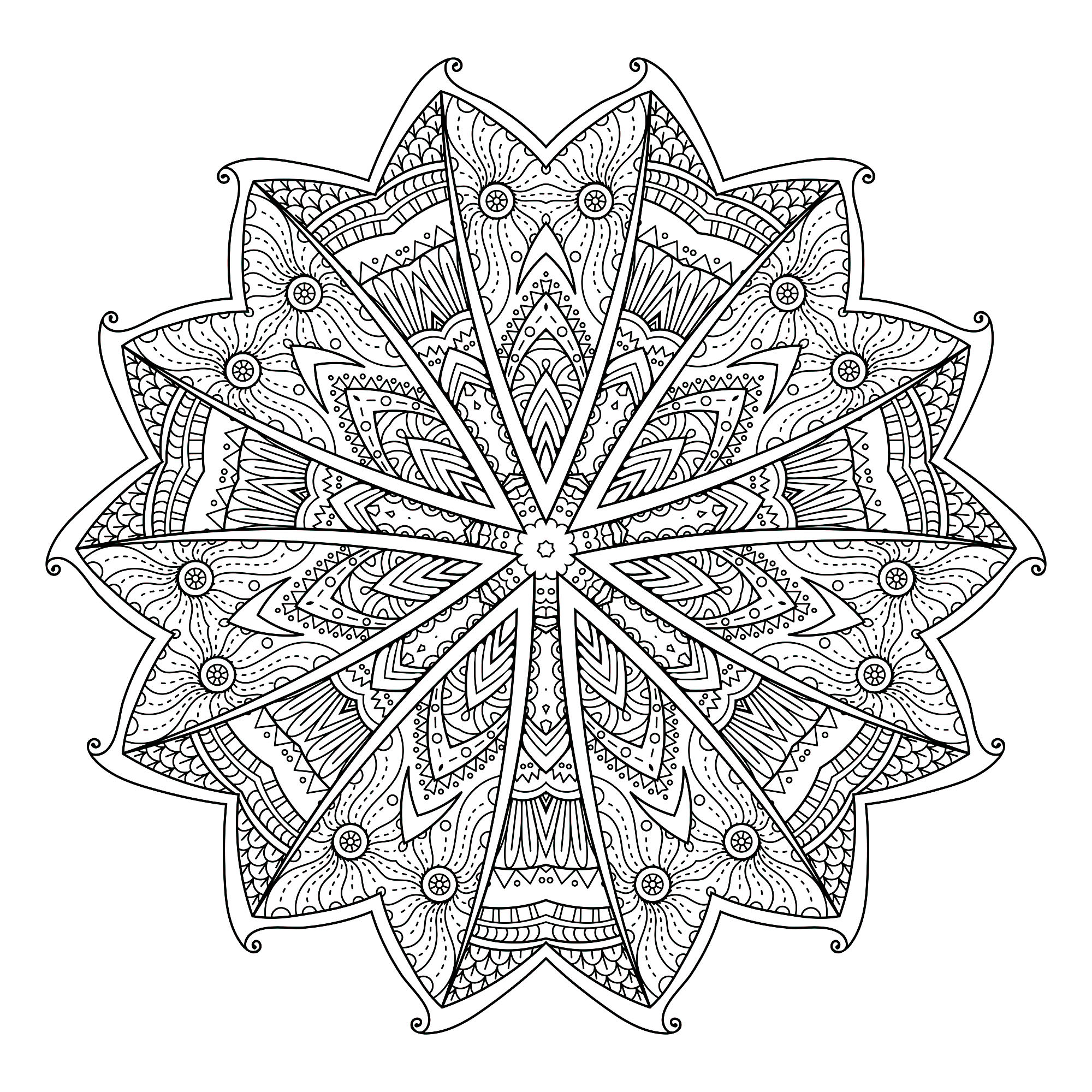 Si vous êtes prêt à passer de longues minutes de relaxation, préparez vous à colorier ce Mandala floral assez complexes ... Vous pourrez utiliser de nombreuses couleurs si vous le souhaitez.