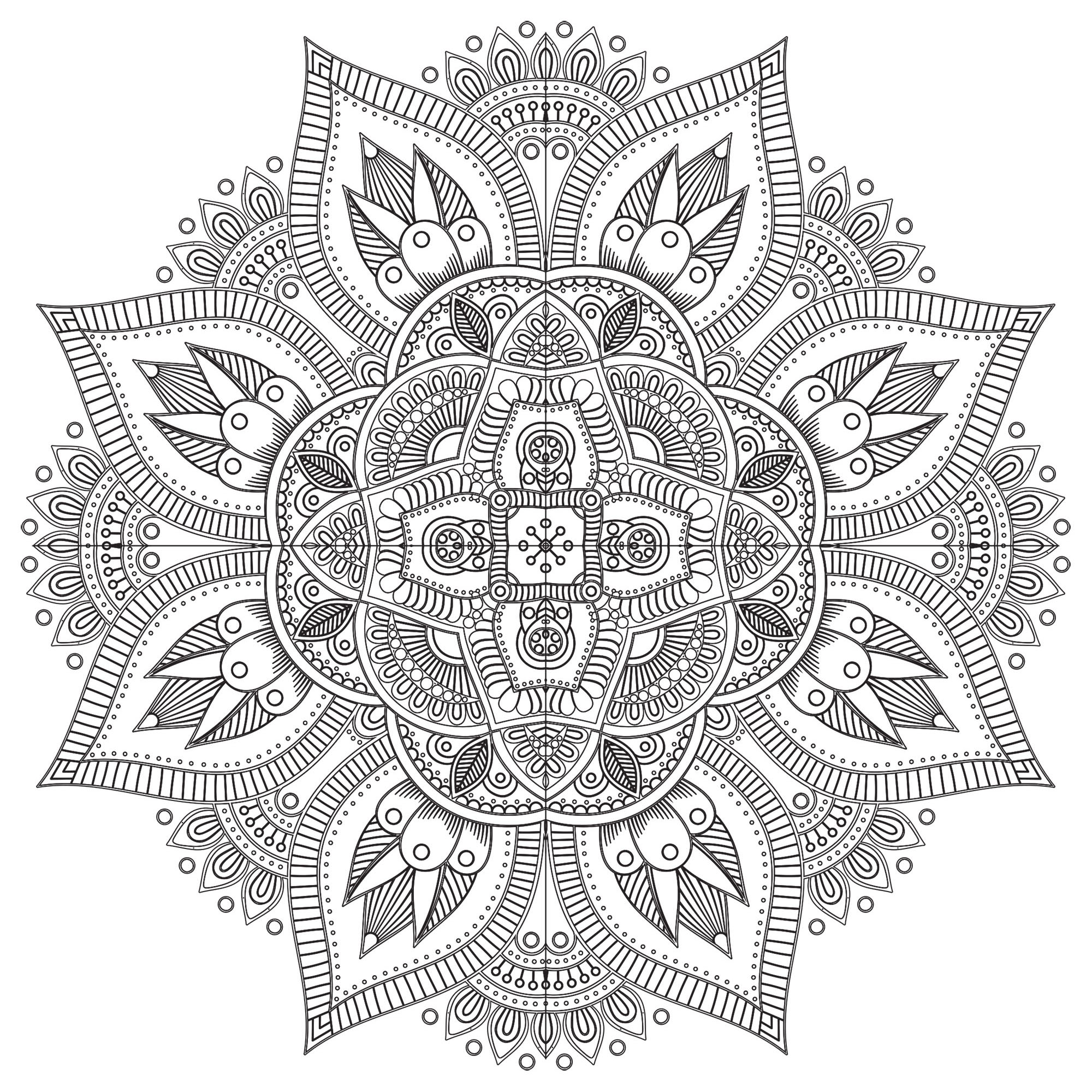 Un Mandala Complexe Anti-Stress assez difficile à colorier, parfait si vous aimez mettre en couleur de petites zones, et si vous aimez les détails variés.