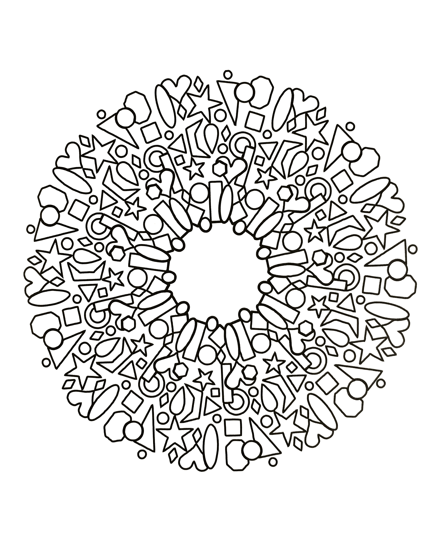 Très joli mandala avec différentes formes géométriques telles que plusieurs carrés, cercles ainsi que de très belles étoiles réparties dans l'ensemble du dessin.