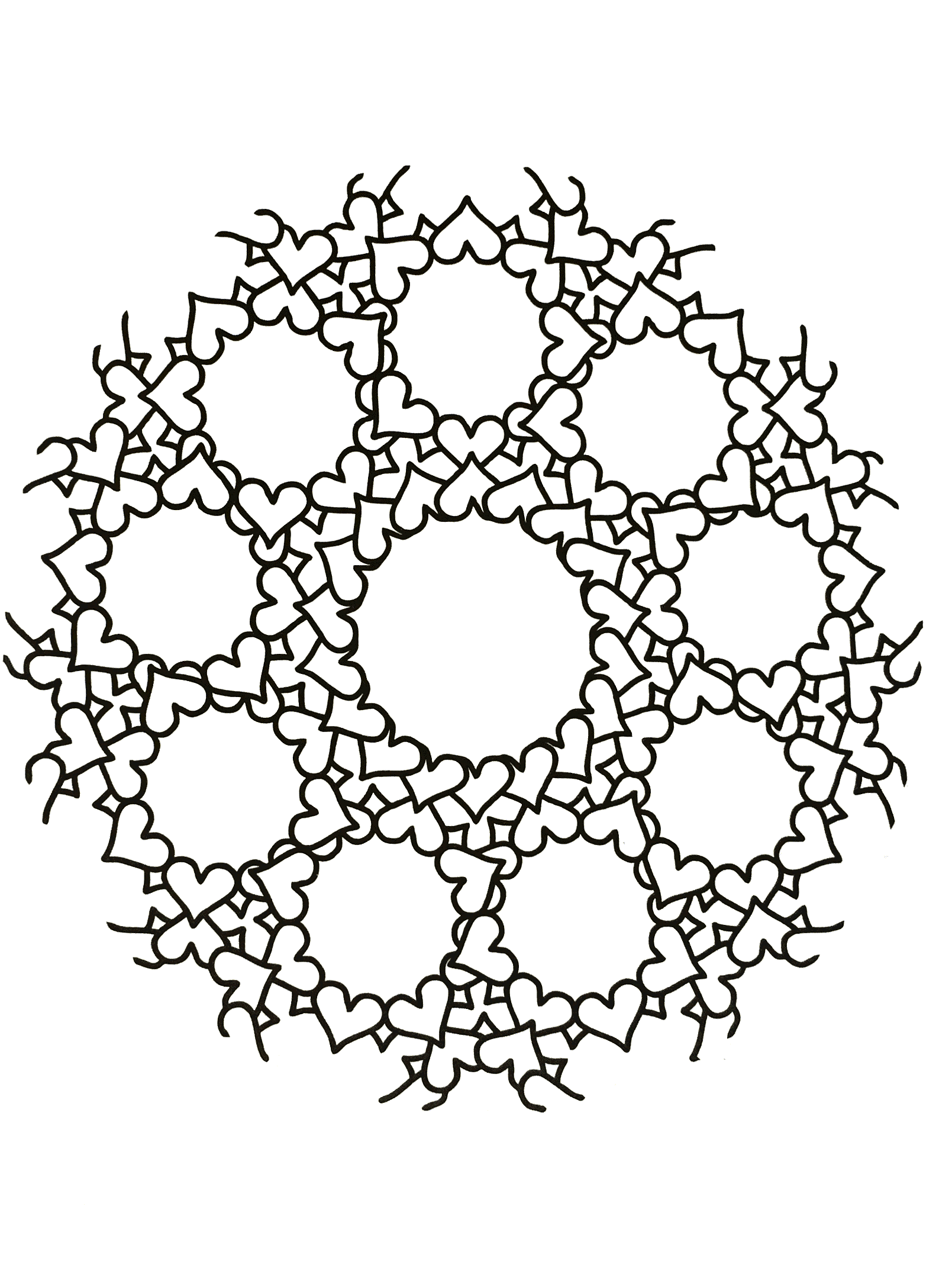 Superbe mandala à colorier symétrique avec une succession de très jolies cœurs. Niveau normal.