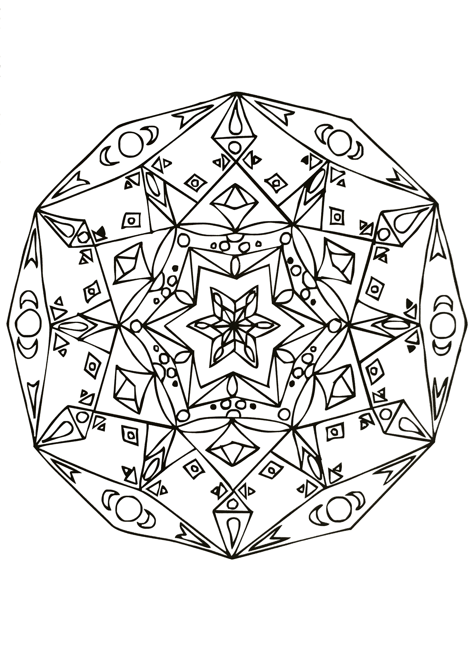 Un Mandala assez difficile à colorier, parfait si vous aimez mettre en couleur de petites zones, et si vous aimez les détails variés.