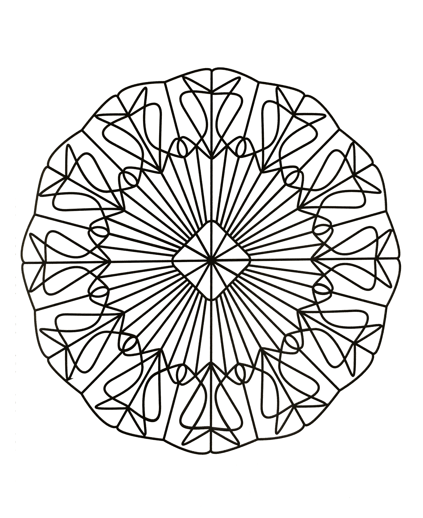 Très joli mandala à télécharger assez symétrique avec une succession de formes ainsi qu'un très joli symbole en forme de losange au centre.