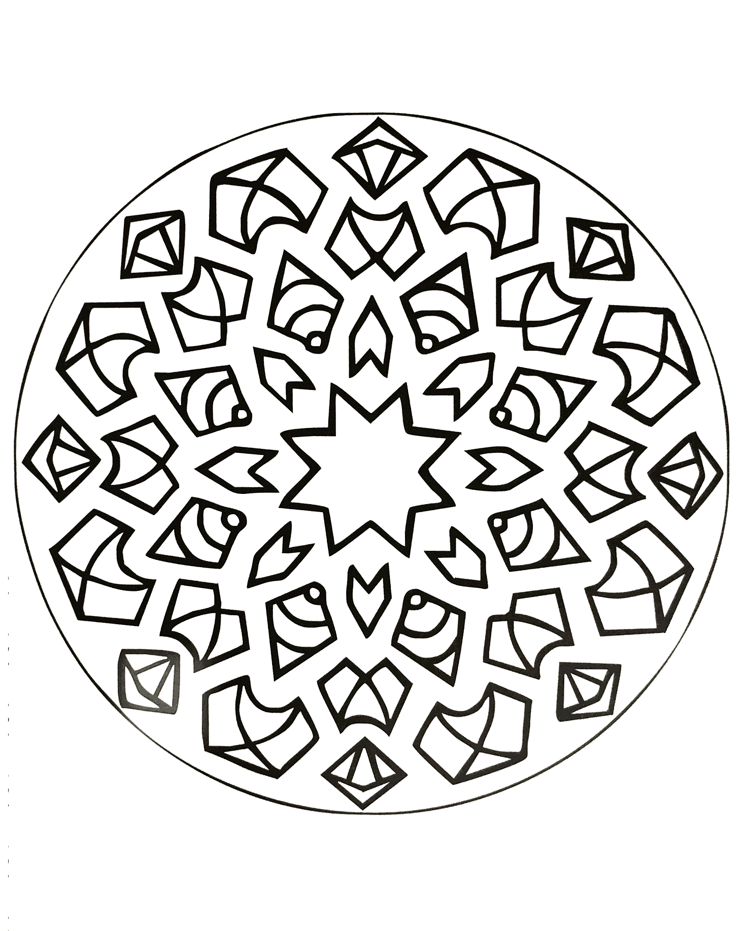 Préparez vos feutres et crayons pour réaliser la mise en couleur de ce Mandala avec étoiles et formes nocturnes plein de petits détails et zones intriquées.