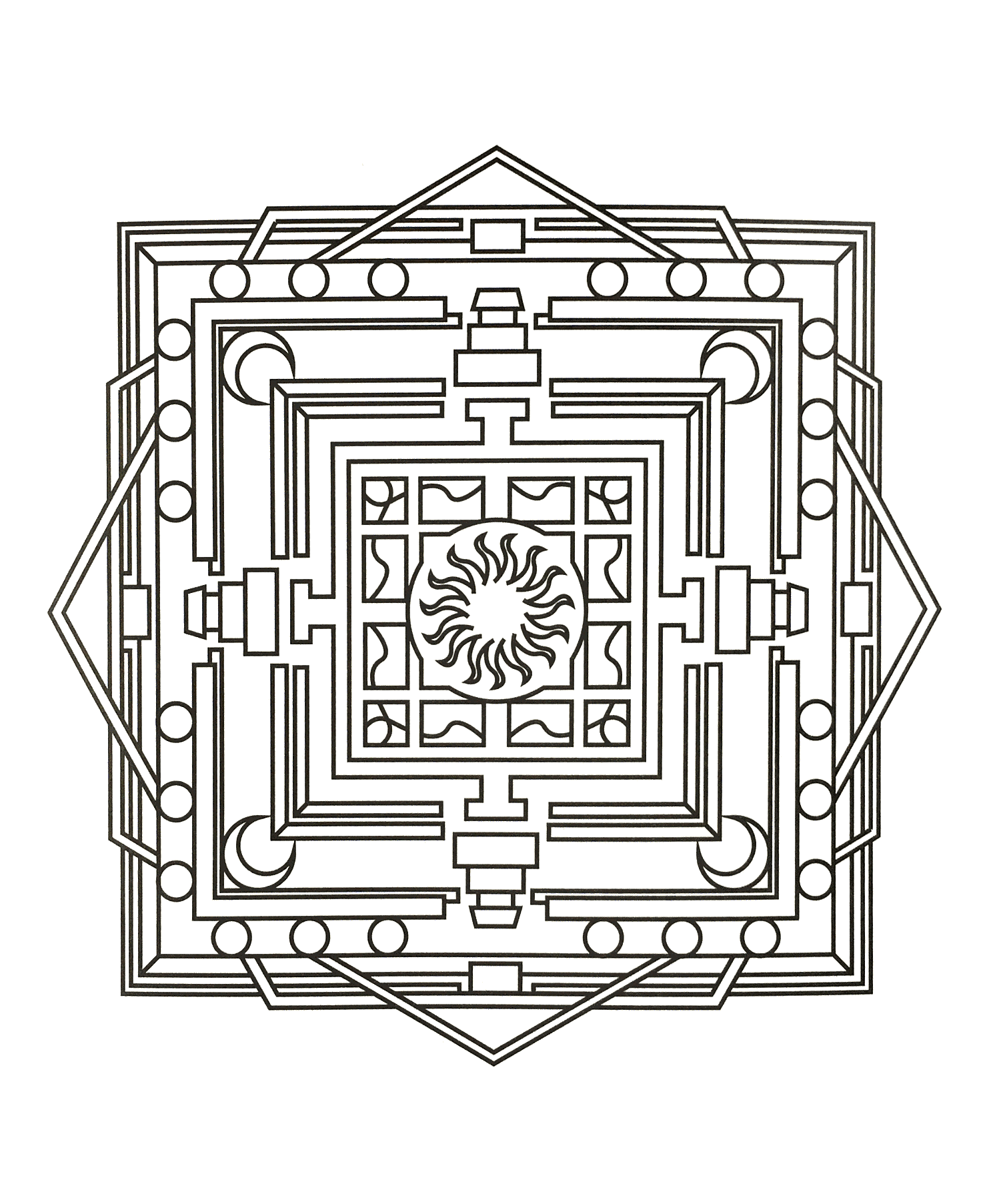 Mandala à colorier avec différentes formes géométriques ainsi qu'un très joli soleil au centre. Assez difficile à colorier.