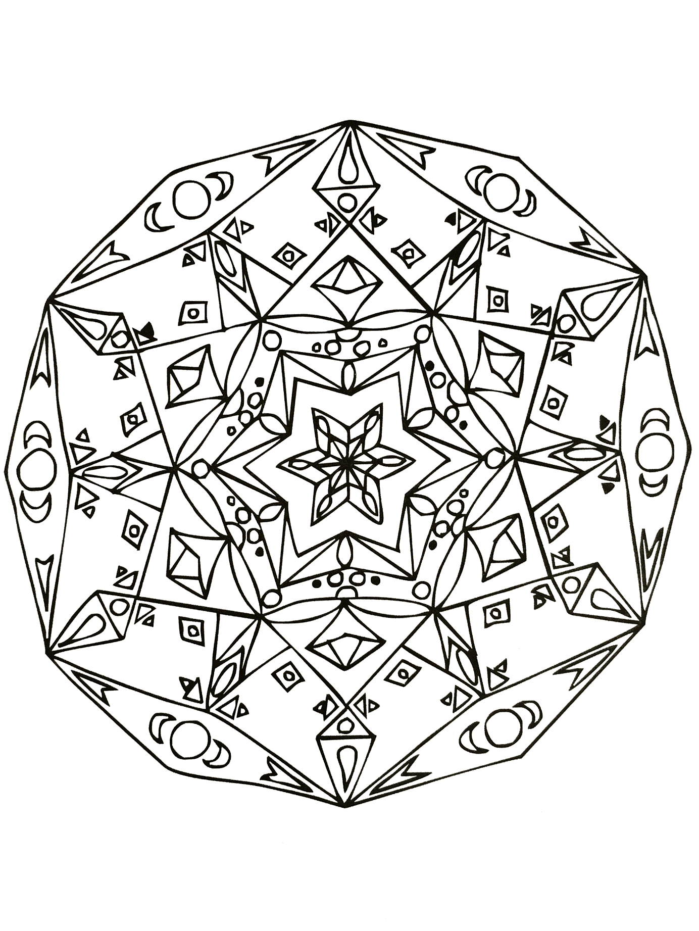 Un Mandala assez difficile à colorier, parfait si vous aimez mettre en couleur de petites zones, et si vous aimez les détails variés.