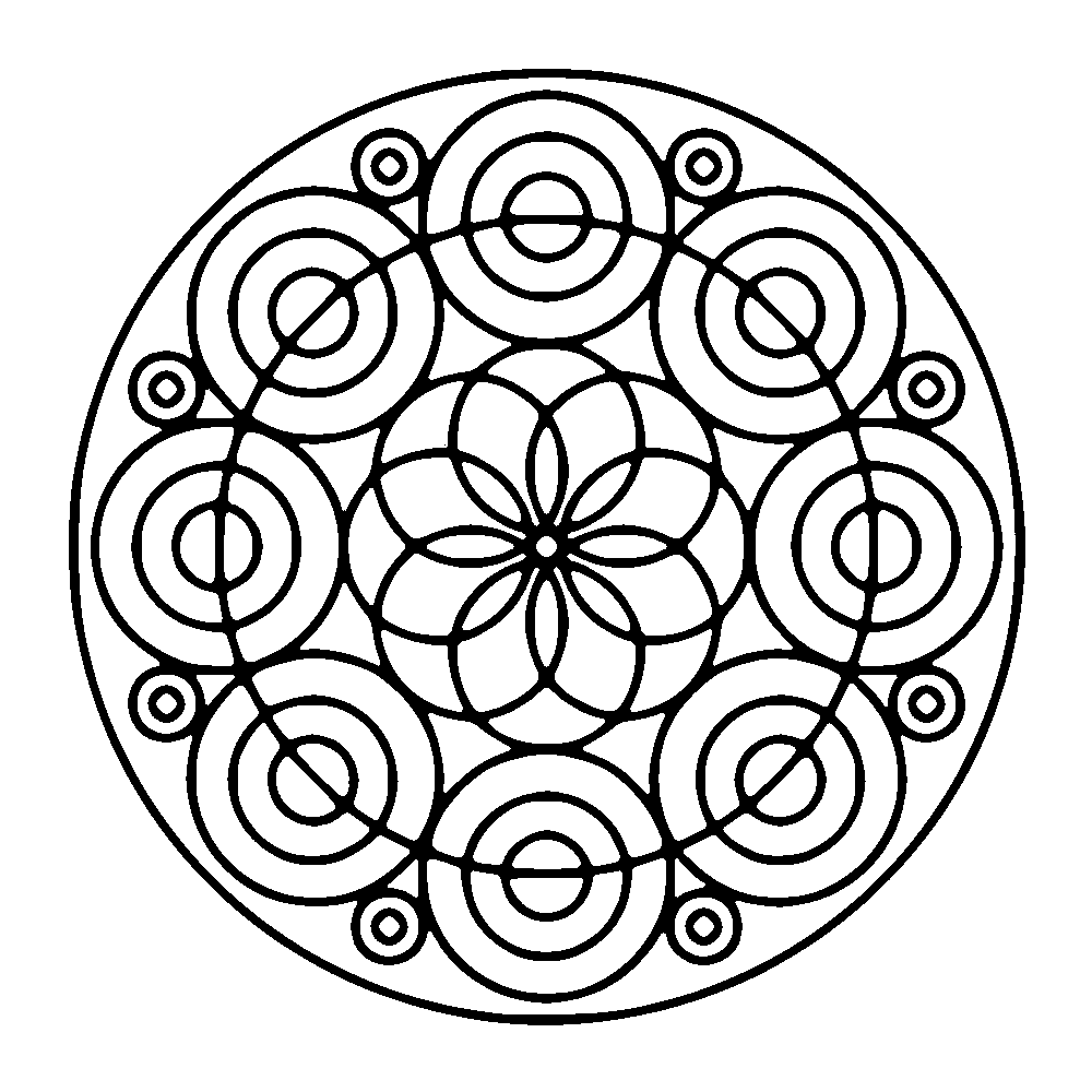 Un coloriage de Mandala composé de cercles formant des fleurs, pour les plus jeunes, faible niveau de difficulté. De larges zones facile à remplir.
